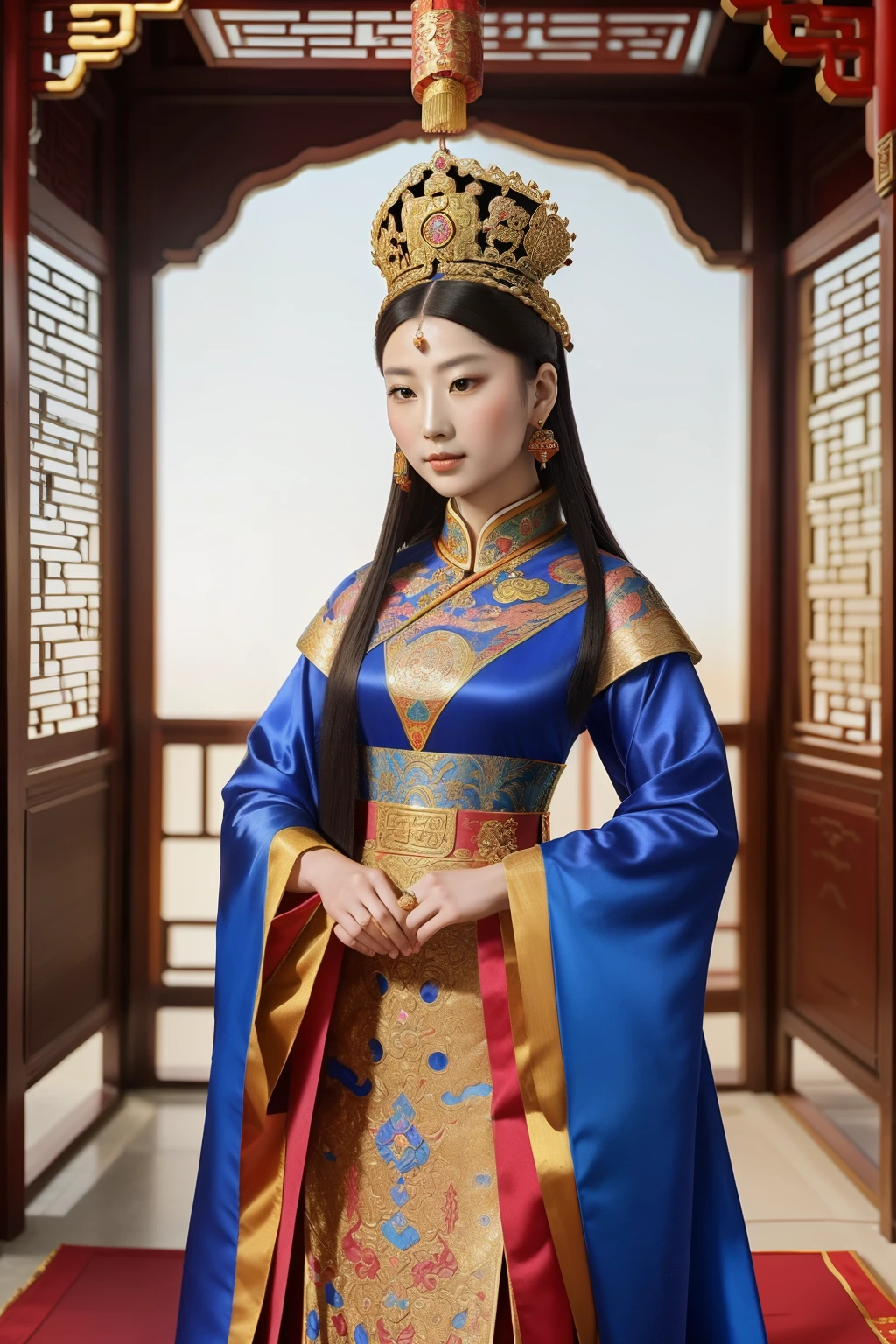 China, 1491. A young ((Zhang Empress)), elegant, majestic, in a bright and clear luxurious palace, mosaic, glass, jewels, ((((chinese royal clothings from the 1490s)))), ((hairstyle of the 1490s)), ((colorful, luminous))
