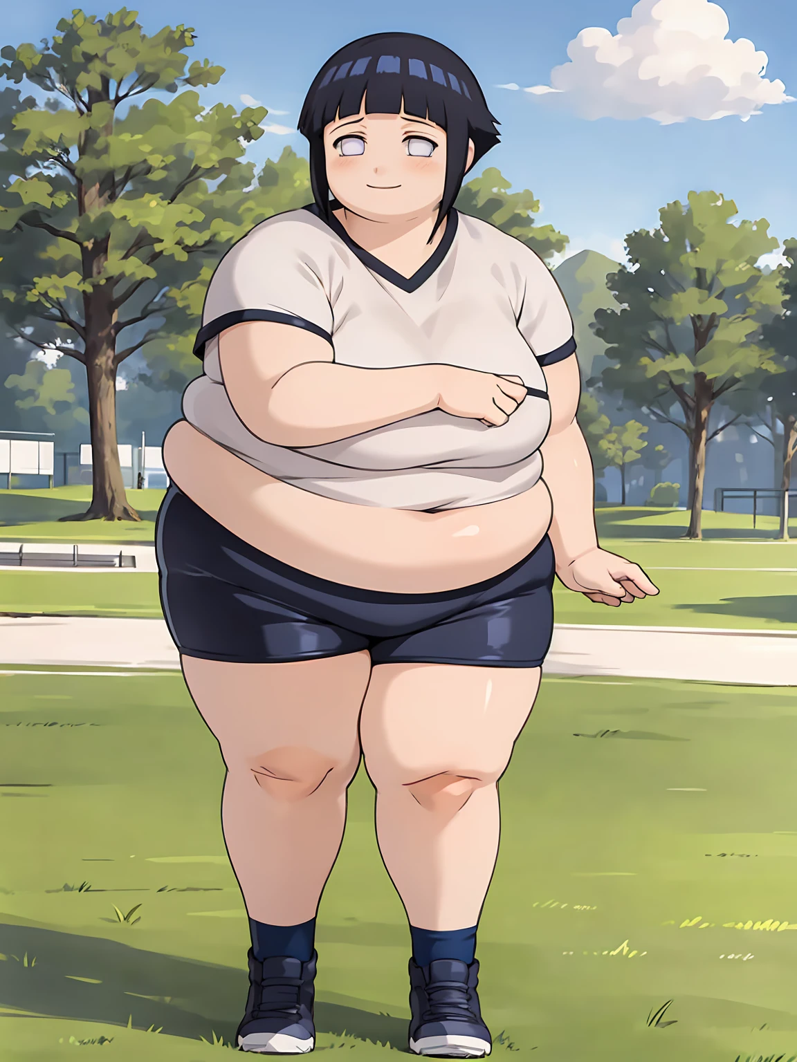 masterpiece, best quality, obese 1girl, obese hyuuga hinata, thick thighs, black hair, short hair, white eyes, no pupils, gym uniform, white shirt, (buruma:1.3), black socks, sneakers, shy smile, full body, standing, solo, looking at viewer, outdoors, blue sky, park background