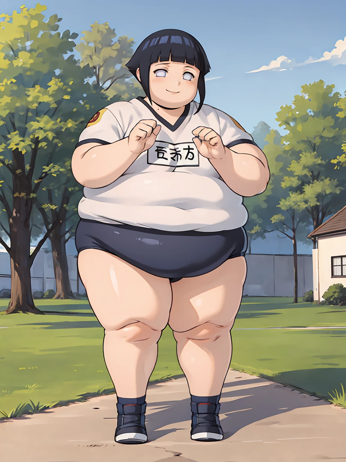 masterpiece, best quality, obese 1girl, obese hyuuga hinata, thick thighs, black hair, short hair, white eyes, no pupils, gym uniform, white shirt, (buruma:1.3), black socks, sneakers, shy smile, full body, standing, solo, looking at viewer, outdoors, blue sky, park background 