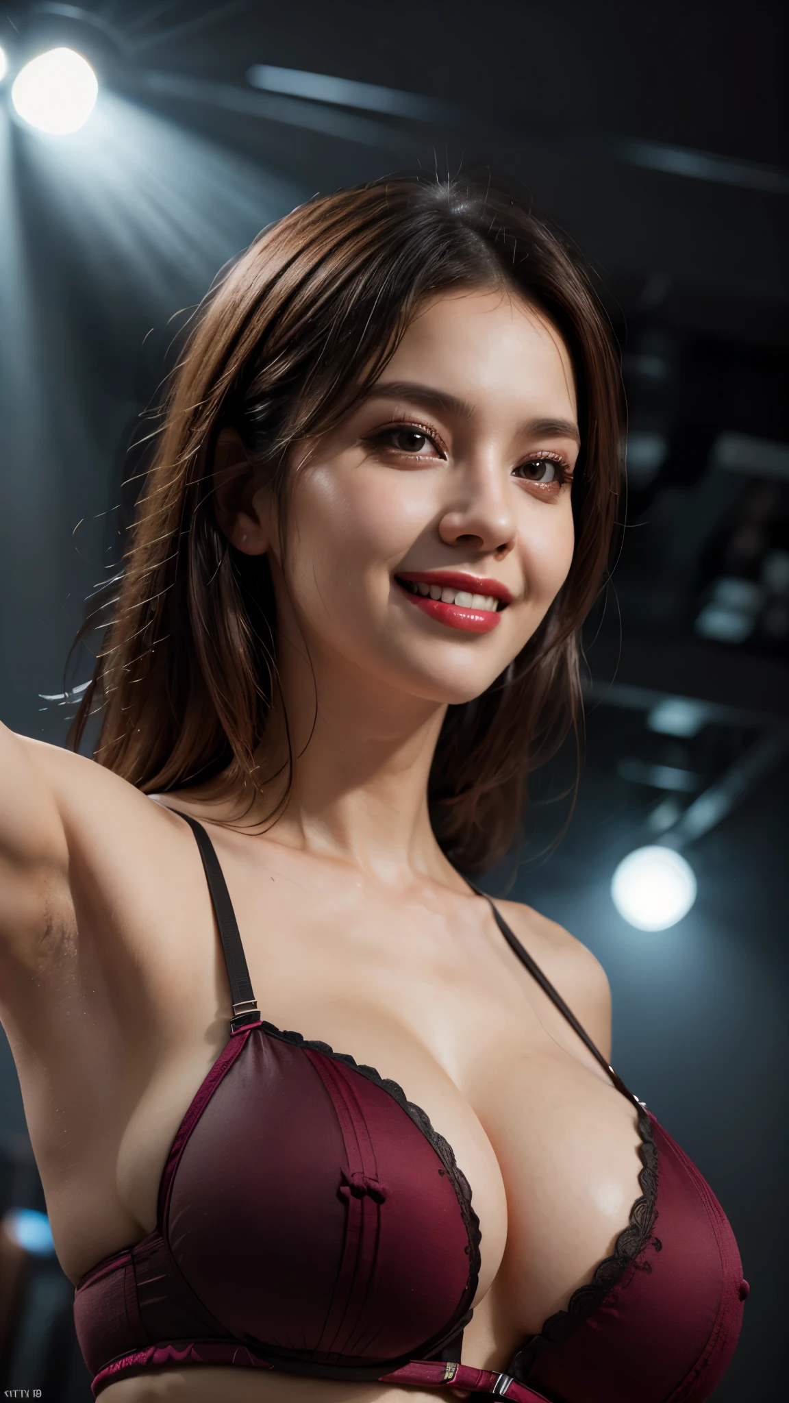 ((30 years old girl)), (wearing burgundy bustier : 1.4), ((in a nightclub)), (night time), (((gigantic size breasts, cleavage))), (hourglass figure), lipstick, photorealistic, masterpiece, realistic, realism, photorealism, high contrast, photorealistic, 8k HD high definition detailed realistic, detailed, skin texture, hyper detailed, realistic skin texture, best quality, (photorealistic:1.4), high resolution, detailed, raw photo, photo realistic, (high detailed skin:1.2), 8k uhd, dslr, soft lighting, high quality, film grain, Fujifilm XT3), hyper realistic lifelike texture dramatic lighting unreal engine, even, neutral light, key light, bold, bright colours, daylight, (balanced saturation), (dynamic lighting), (natural lighting), ((soft red lipstick)), (natural makeup), ((ginger hair)), ((glossy skin)), (colorful lighting), (smile : 1.7), (showing off her armpits : 1.5), ((low angle photoshoot : 1.7)), (look at camera : 1.4)