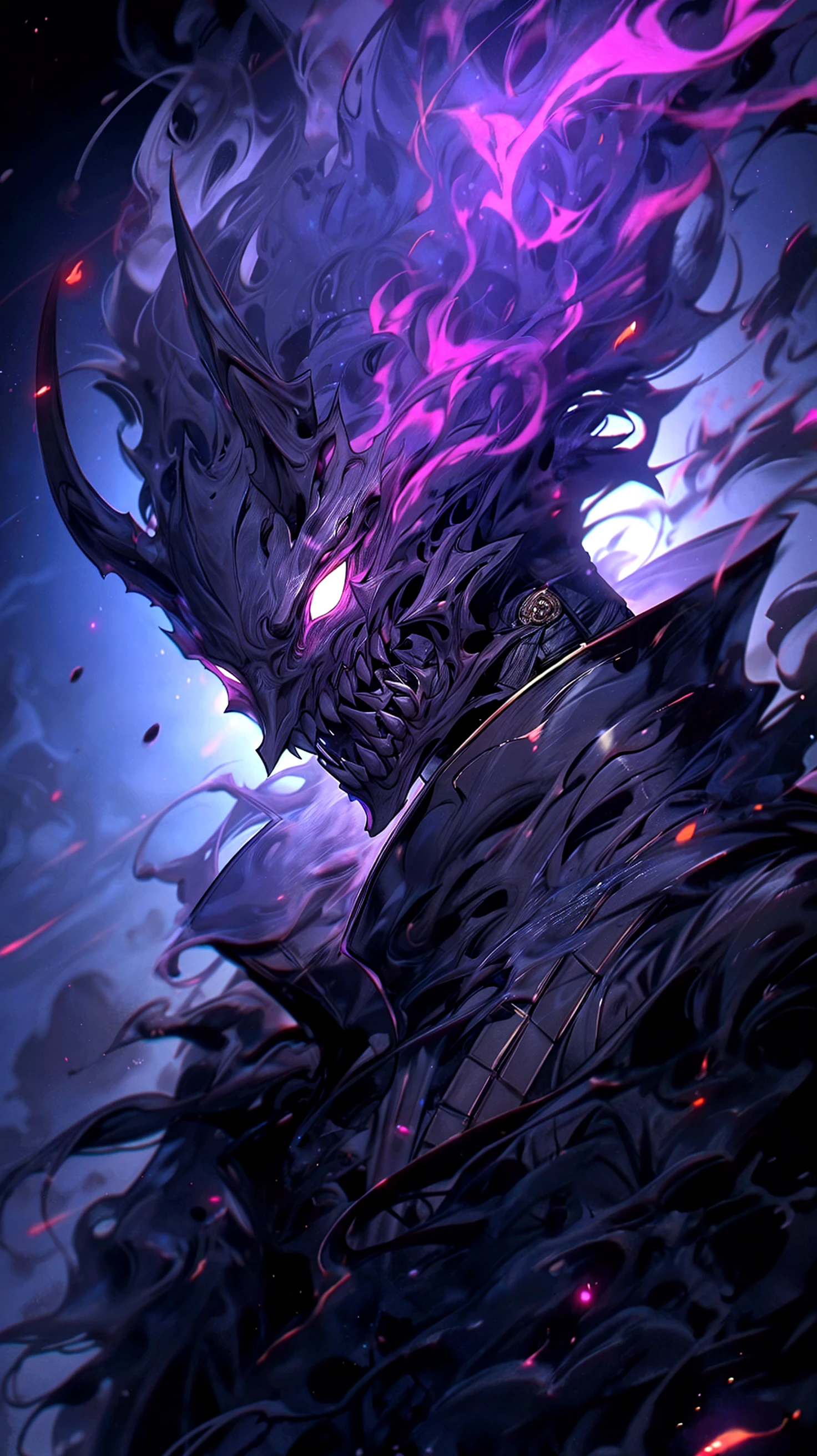 anime drawing style of a purple haired effeminate boy with a mask that only covers the upper part of his face such as his forehead and eyes and the eyes have a white colored glass so they cannot be seen, the mask being black and the boy does not have a mouth, Instead he has two small holes in each cheek and inside the holes he is purple with armor and under the armor he has a dark gray cloth suit.