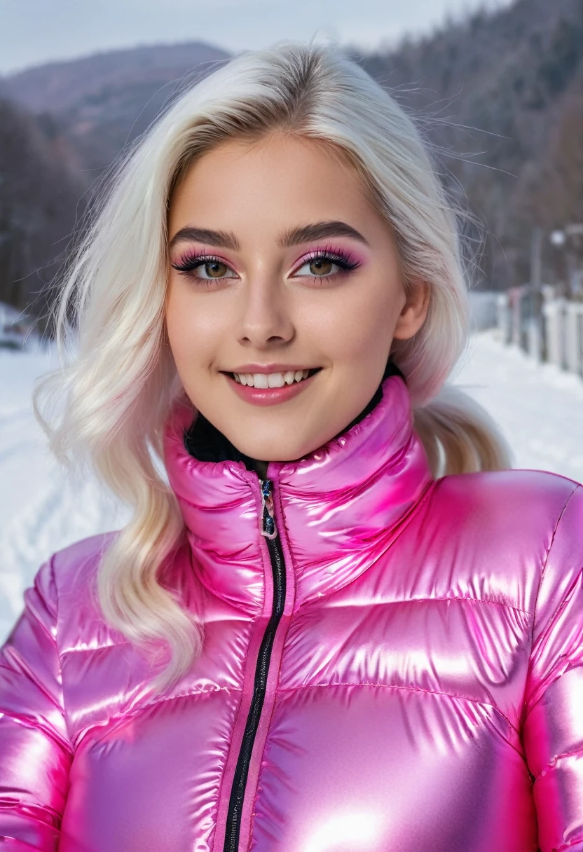 hyperrealistic beautiful busty 18-year-old teen girl with long legs wearing shiny metallic neon-pink puffer catsuit, model shooting full body photography, dyed white hair with short ponytail, dark eye makeup with eyeliner, seductive smile, small necklace, 8K, Best quality, Meisterwerk, ultra high resolution, (Realismus: 1.4), Originalfoto, (realistische Hautstruktur: 1.3), (Filmkorn: 1.3), (Selfie-Winkel), 1 girl, Beautiful round hazel eyes and facial details, Meisterwerk, Best quality, posing outdoor sledging in the snow, nsfw