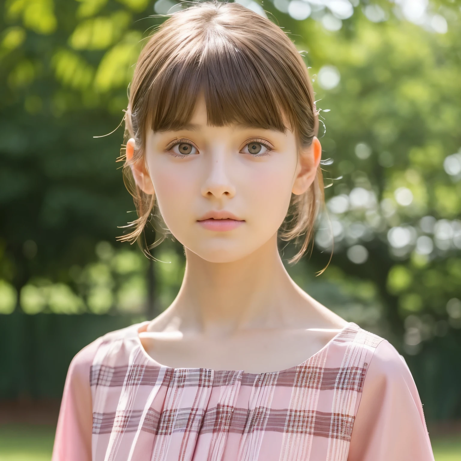 one girl, (a beauty girl, delicate girl:1.3), (13 years old:1.3),
break, (pink plaid casual dress:1.3),
break, extremely fine-grained clarity, (symmetrical eyes:1.3),
break, (lush park:1.3),
break, small breasts, brown eyes, parted bangs, brown hair, bowl cut, girl,
break, (Eye and face details:1.0),
break, (masterpiece, highest quality, super detailed, detailed face, 8k)
