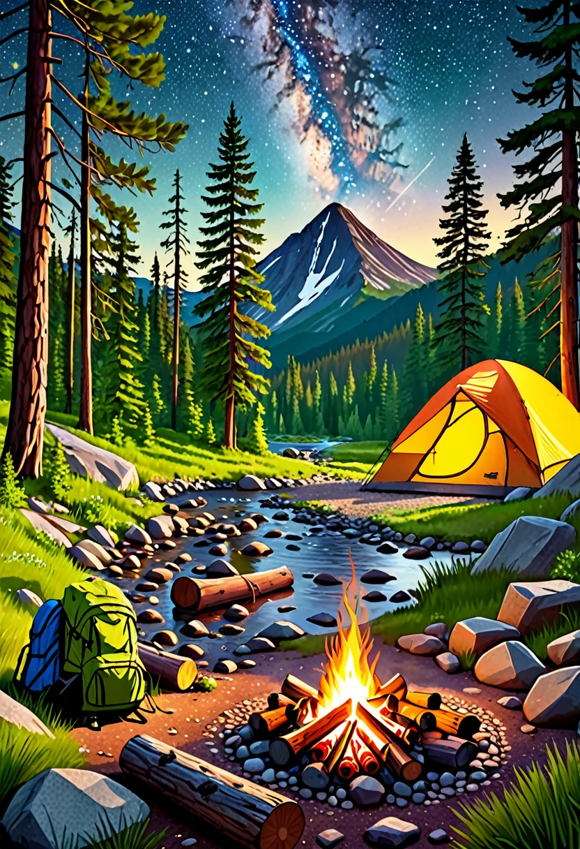 A scenic outdoor camping scene, a pine forest with mountains in the background, a campfire with people sitting around it, a tent set up in the foreground, a starry night sky overhead, sunlight filtering through the trees, lush green foliage, detailed rocks and logs, a babbling brook nearby, birds flying in the distance, warm campfire glow, adventurous hikers, backpacks and camping gear, (best quality,4k,8k,highres,masterpiece:1.2),ultra-detailed,(realistic,photorealistic,photo-realistic:1.37),landscape,vivid colors,natural lighting