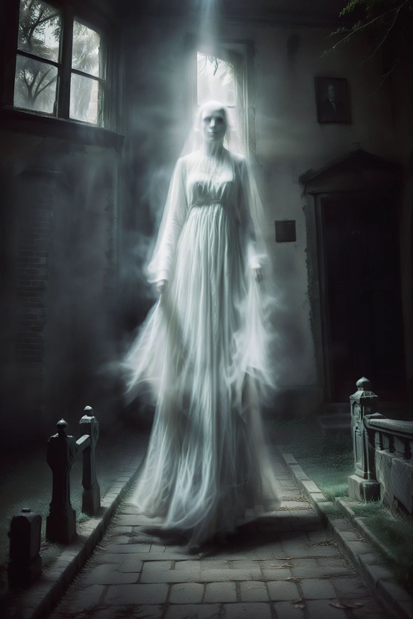 ghost, highly detailed candid photo of ghost walking in a graveyard:1.3, (((transparent))), ((veil)), ((looking at viewer)), portrait:1.5, masterpiece, best quality:1.1, graveyard:1.3, outdoors, god rays:1.3, night:1.3, pitch black:1.2, ultra photoreal, sharp focus:1.1, depth of field:1.1, 50mm, style of Nathan Wirth, Hasselblad X1D II, Porta 160,
