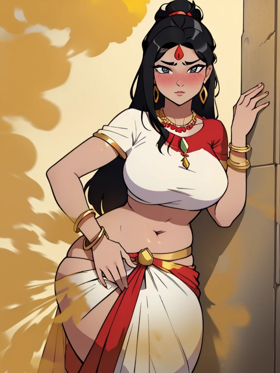 Sexy woman, black hair tied in a bun, smokey eyes, eyeliner, blushing intensely, fairest skin, plump face, soft lips, gold blouse, white saree with red borders, pinned against a wall, letting out fart, massive fart, yellow smoke rising, wide eyes, blush