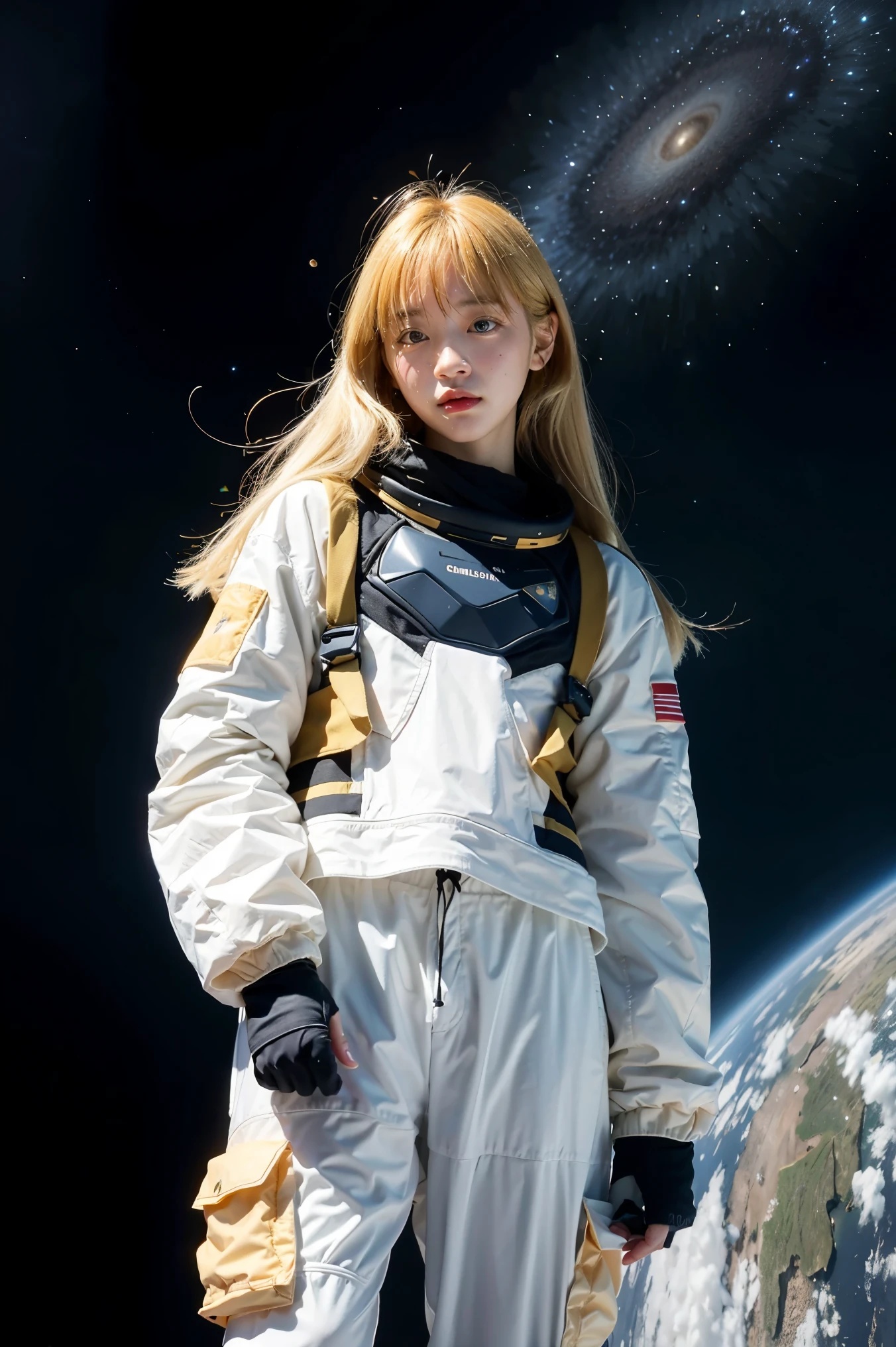 (best quality, masterpiece), 1girl, pose, particle, wind, flower, upper body, simple background, looking at viewer, blonde, galaxy, space suit, 