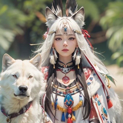 Shirakami-Sanchi、Hair flow、 ((highest quality、masterpiece、8k、Best image quality、Ultra-high resolution、Award-winning works)、(Accurate anatomy:1.1)、(Look at me and smile:1.1)、Shining fair skin with Ultra-high resolution、The most detailed face、Ultra-high resolution detailed face、Ultra-high resolutionの髪の毛、(Ultra-high resolutionの煌めく瞳:1.1)、Beautiful face drawn in every detail、(Blurred Background:1.1)、Native American white costume, American Indian Clothing, Chest to chest, tattoo、A real giant condor next to you。White wolf watching