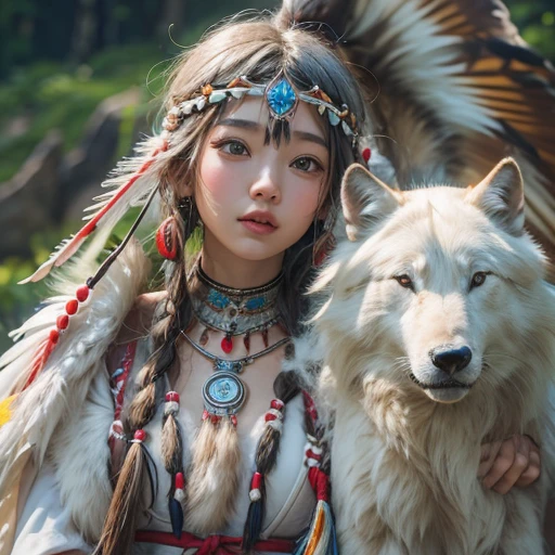 Shirakami-Sanchi、Hair flow、 ((highest quality、masterpiece、8k、Best image quality、Ultra-high resolution、Award-winning works)、(Accurate anatomy:1.1)、(Look at me and smile:1.1)、Shining fair skin with Ultra-high resolution、The most detailed face、Ultra-high resolution detailed face、Ultra-high resolutionの髪の毛、(Ultra-high resolutionの煌めく瞳:1.1)、Beautiful face drawn in every detail、(Blurred Background:1.1)、Native American white costume, American Indian Clothing, Chest to chest, tattoo、A real giant condor next to you。White wolf watching