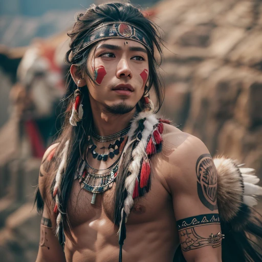 At the Grand Canyon、Hair flow、 ((highest quality、masterpiece、8k、Best image quality、Ultra-high resolution、Award-winning works)、(Accurate anatomy:1.1)、(Look at me and smile:1.1)、Shining fair skin with Ultra-high resolution、The most detailed face、Ultra-high resolution detailed face、Ultra-high resolutionの髪の毛、(Ultra-high resolutionの煌めく瞳:1.1)、Beautiful face drawn in every detail、(Blurred Background:1.1)、Native American Costume, American Indian Clothing, Chest to chest, tattoo、A real giant condor next to you。The wolf is watching