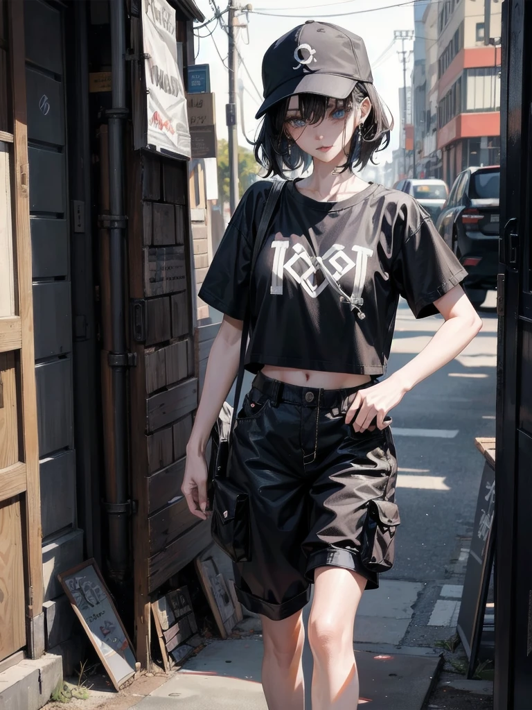 whole body, Anime character, stylish girl, fashion, baseball cap, black t-shirt, baggy cargo pants, gravure, absurdres, RAW photo, extremely delicate and beautiful, masterpiece, Best Quality, ultra high resolution, 32k, hyperrealistic, ultra-detailed, perfect figure, perfect shape, detailed description, pale skin, 20 years old, detailed beautiful face and eyes, tearful mole, earring, short medium hair, wavy hair,