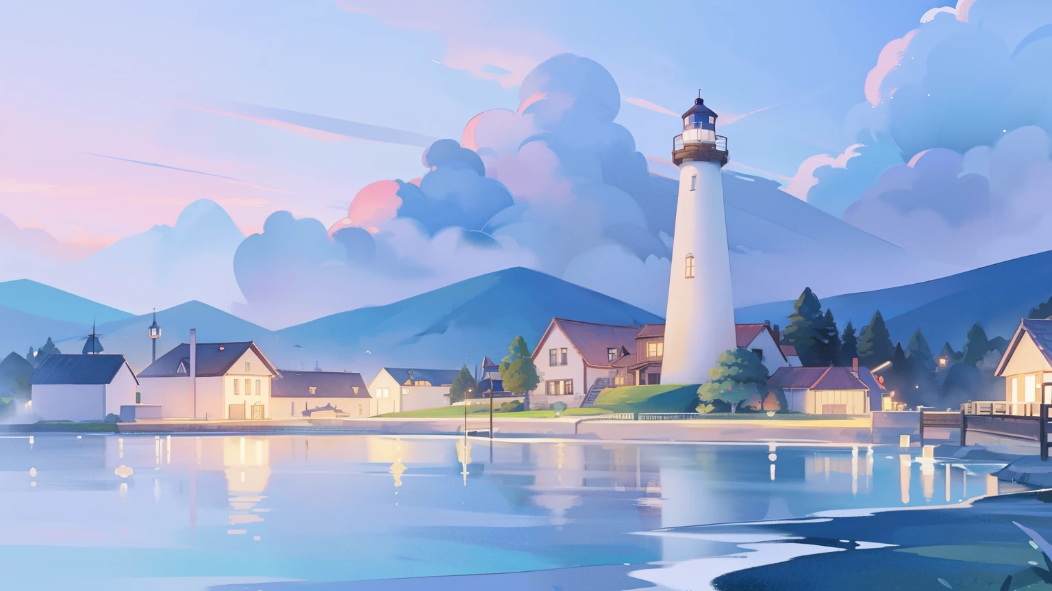 ((picture book illustration)), ocean fantasy, watercolor illustration, whimsical, moonlight pink purple blue colors, village, houses, huge lighthouse, ((masterpiece)), highly detailed environment