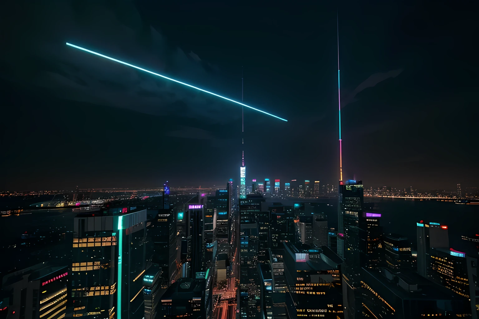 Rooftop skyscrapers, lunch, cyberpunk, night view, neon lights, big city, masterpieces, excellent quality, ultra high resolution.