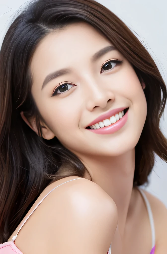 Beautiful woman with perfect eyes and nose、Model-like beauty、Cute like a model、Double Eyes、How to use regular mascara、Eye color is blue、Her hair color is pink.、Her face is delicate and elegant.、4K images、Beautiful style like a model、Usually large、A fresh and lovely smile、Pose like a model、Overall image、snap shot、Glamorous smile、Beautiful and delicate face like a model、highest quality、Masseter region、Beautiful smile、In a bright room、I&#39;She is sitting on the bed in a pink miniskirt.、The height of femininity、Adult smile、Sexy pose、