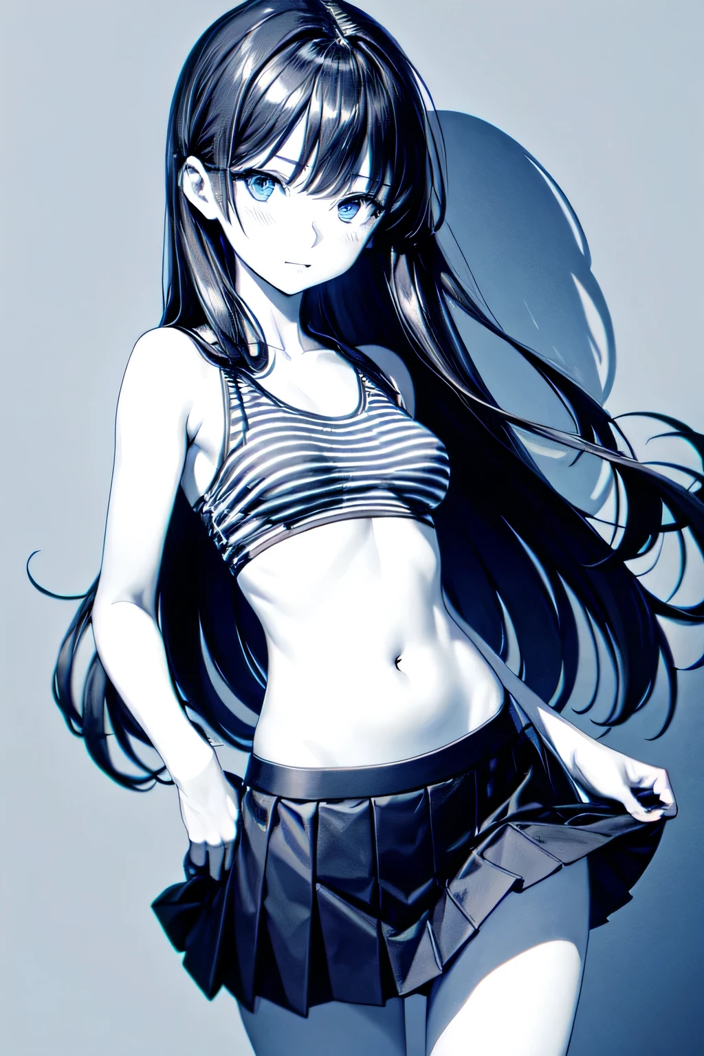 Long navy hair, Yandere,slim,Belly button peek,cool,Menhera,Blue Eyes,An illustration ,skirt,Monochrome, wallpaper