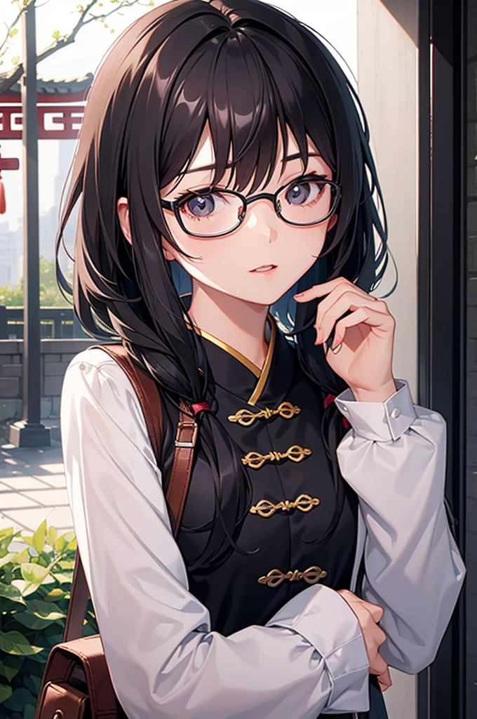 The face is of a Chinese girl wearing round glasses with black frames