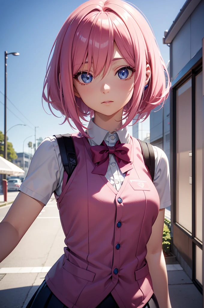 anime girl with pink hair and blue eyes wearing a vest, render of april, sayori, close up iwakura lain, 8k portrait render, render of a cute 3d anime girl, photorealistic anime girl render, smooth anime cg art, close up of a young anime girl, anime visual of a cute girl, rin, anime moe artstyle