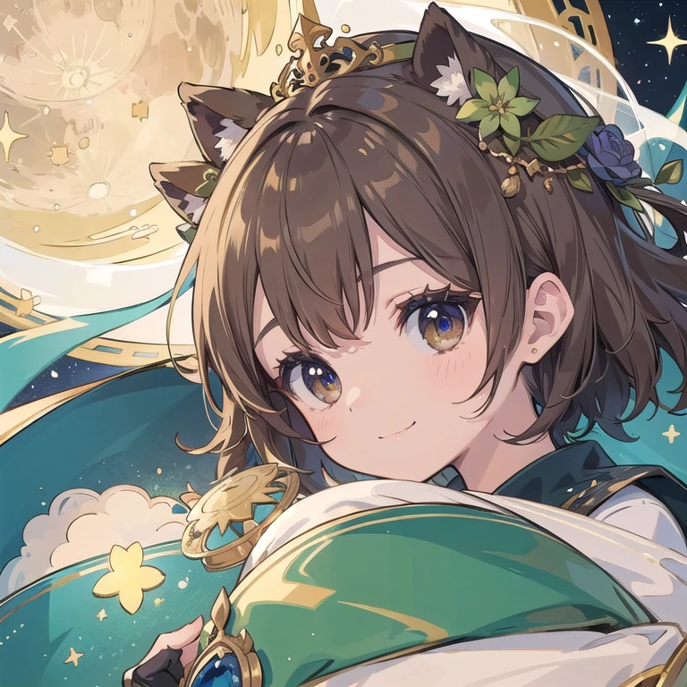 (Extremely exquisite and beautiful work),(masterpiece),Eyes of the stars,best quality,fine details,Facial details,Brown short hair,charming,Big Head,Half Body,Princess Cut,Site Cap,Smile,moon,moon cake