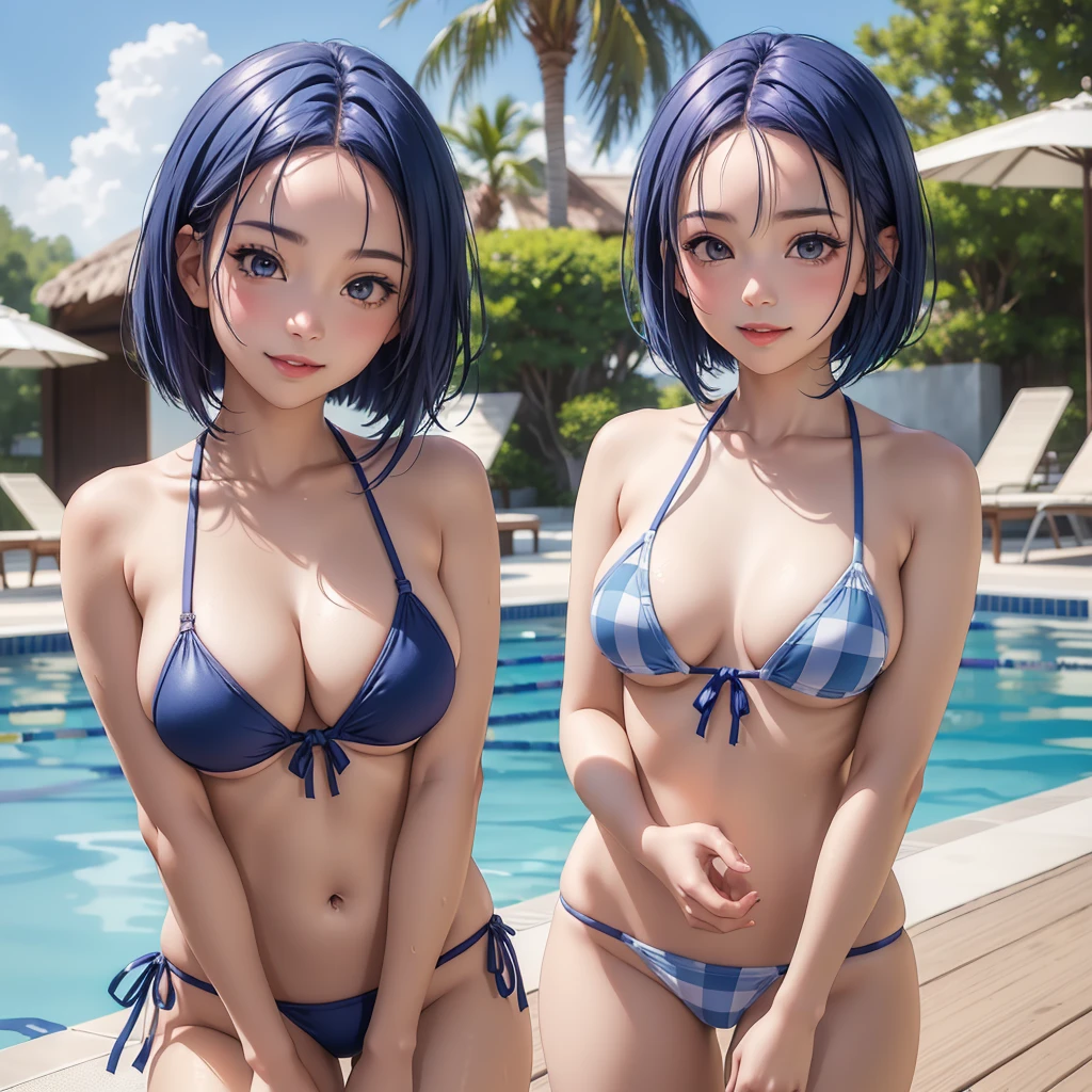 girl、(((one person)))、(((soght blue checkered micro bikini:1.3、Face Enhancement:1.3, )、、Detailed Hair、Navy Blue Hair、Short Bob、Show your forehead(((Hair stopper)))、Touching your hair、((cowboy shot))、highest quality、Super detailed、Very detailed、Detailed Background、C cup bust、smile、Resort hotels、Outdoor swimming pool、