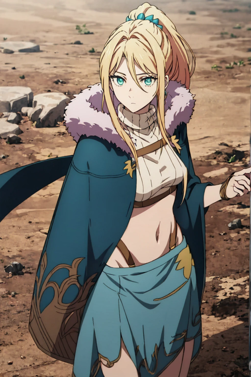 Chloe Morgan、(ponytail)、Long Hair, Green Eyes, Hair between the eyes,Turquoise Coat, Fur-trimmed cape, gloves,belly button,Crop top, sweater, turtleneck, Midi skirt hair accessories, full body, Blonde Hair, (masterpiece:1.2), highest quality, High resolution, unity 8k wallpaper,
