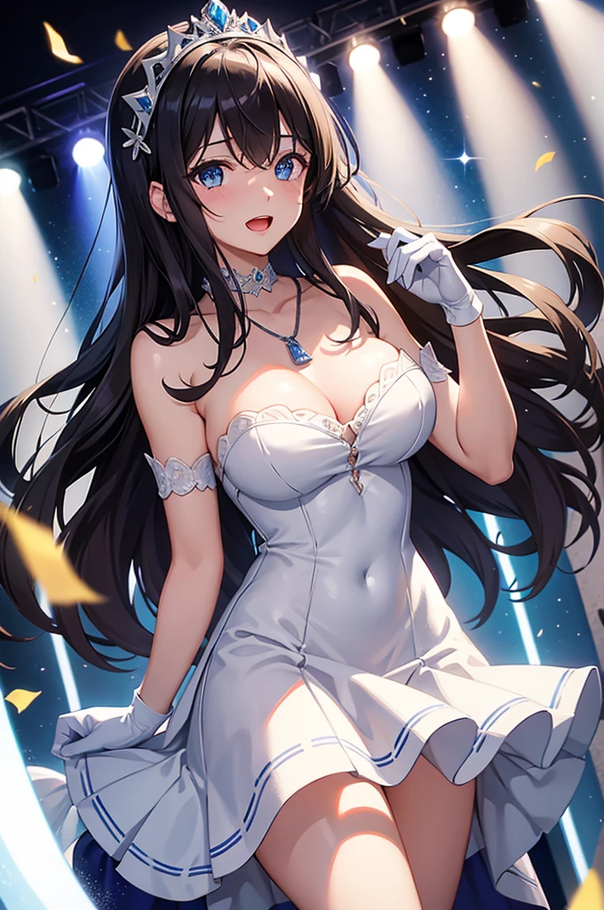 sagisawa fumika, 1girl, solo, watch, pendant watch, blue eyes, breasts, gloves, tiara, dress, long hair, cleavage, looking at viewer, white gloves, bare shoulders, open mouth, large breasts, strapless, choker, blush, white dress, black hair, brown hair, hair between eyes, strapless dress, collarbone, smile, bangs, on stage,