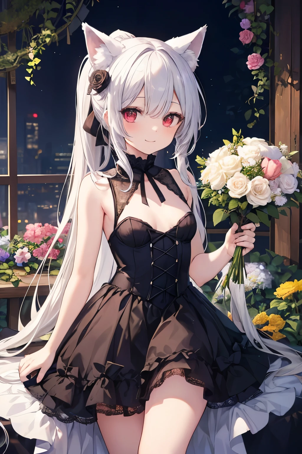 Silver Hair、Red Eye、Fox ears、girl、Small breasts、ponytail、girl、Small breasts、Lolita、Bright smile、Looks about 15 years old、Petan Musume、Short、目のhighlight、Sexy thighs、Flower Garden、color々The flowers are still blooming、bouquet、Rose Gothic Lolita Dress Costume、Your eyes are so beautiful、highlight