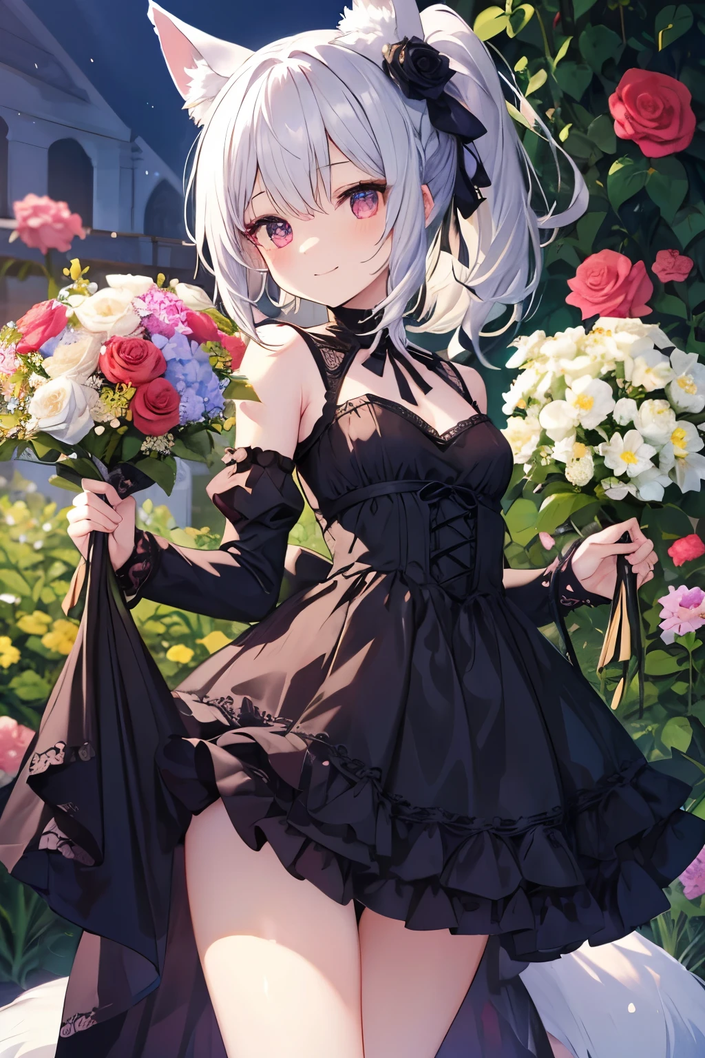 Silver Hair、Red Eye、Fox ears、girl、Small breasts、ponytail、girl、Small breasts、Lolita、Bright smile、Looks about 15 years old、Petan Musume、Short、目のhighlight、Sexy thighs、Flower Garden、color々The flowers are still blooming、bouquet、Rose Gothic Lolita Dress Costume、Your eyes are so beautiful、highlight
