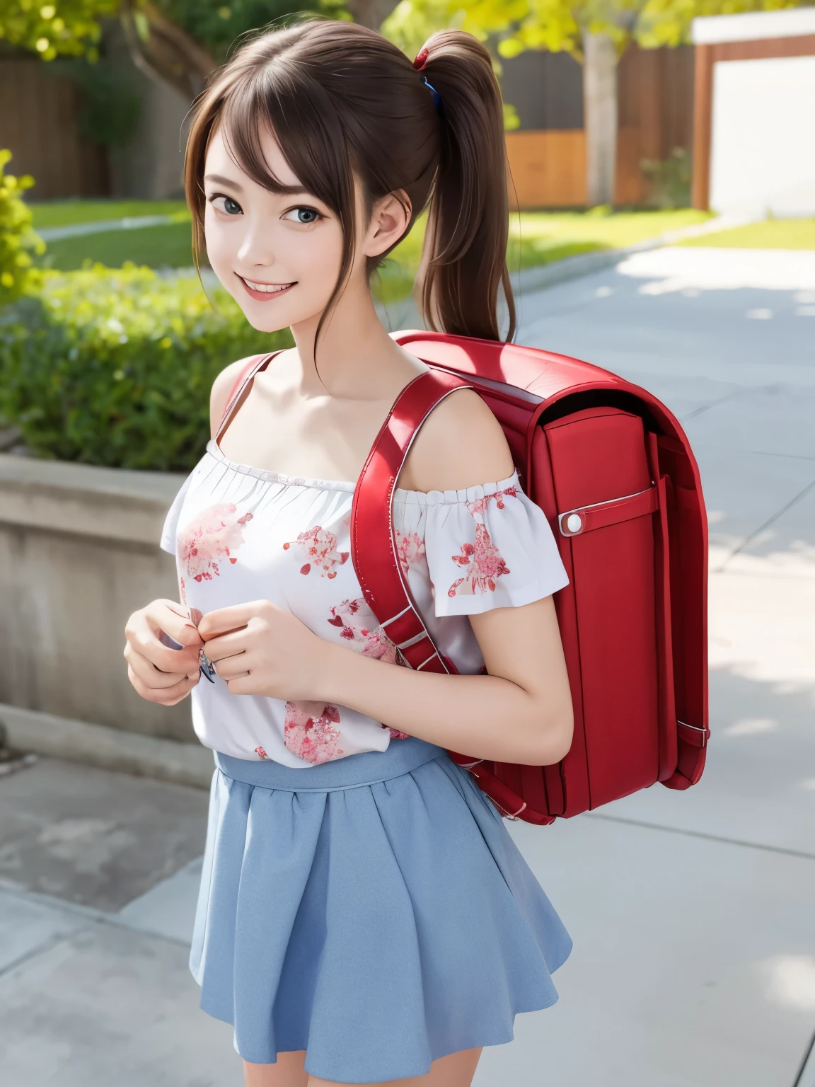 masterpiece, best quality, highres, realistic, 1girl, highschool girl, 17 y.o, long hair, one side up, solo, ponytail,brown hair, blue eyes, bare shoulders, pink shirt, floral print, short sleeves, off-shoulder shirt, frills, blue skirt, cowboy shot, smile,standing, fullbody, wear sandals, holding red backpack, (backpack:1.1)