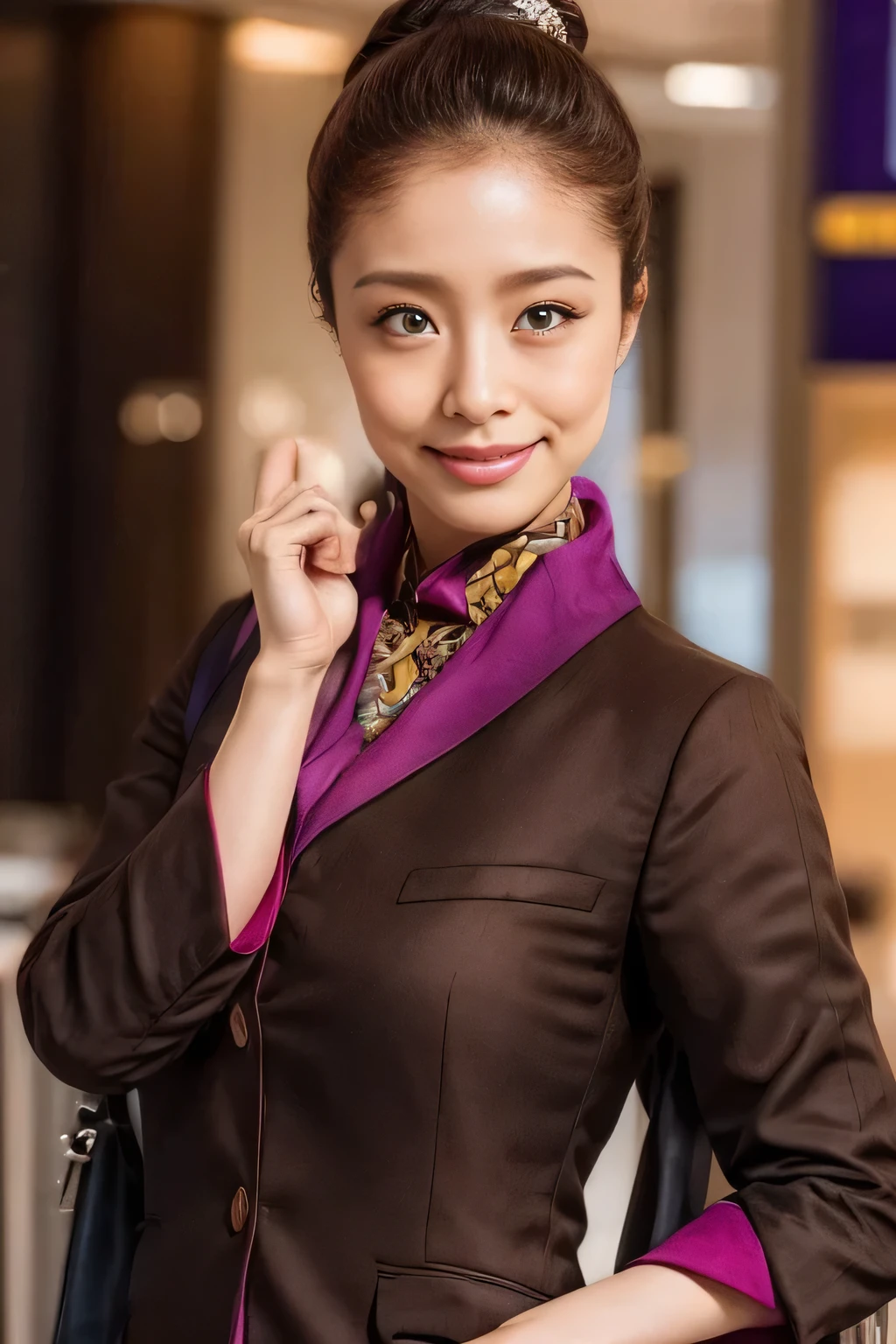 (masterpiece:1.2、highest quality:1.2)、32K HDR、High resolution、(alone、1 girl、Slim figure)、(A realistic reproduction of the ETIHAD Airways Cabincrew Uniform)、 (At the airport counter, Professional Lighting)、Airport counter wall background、A proper woman, Beautiful Face,、(Long sleeve ETIHAD Airways Cabincrew Uniform)、(ETIHAD Airways Cabincrew Uniform skirt with purple stripe on the front)、(scarf on chest)、Big Breasts、(Long Hair Up、Hair Bun)、Dark brown hair、Long Shot、((Great hands:2.0))、((Harmonious body proportions:1.5))、((Normal limbs:2.0))、((Normal finger:2.0))、((Delicate eyes:2.0))、((Normal eyes:2.0)))、Beautiful standing posture、smile、Place your hands around your stomach