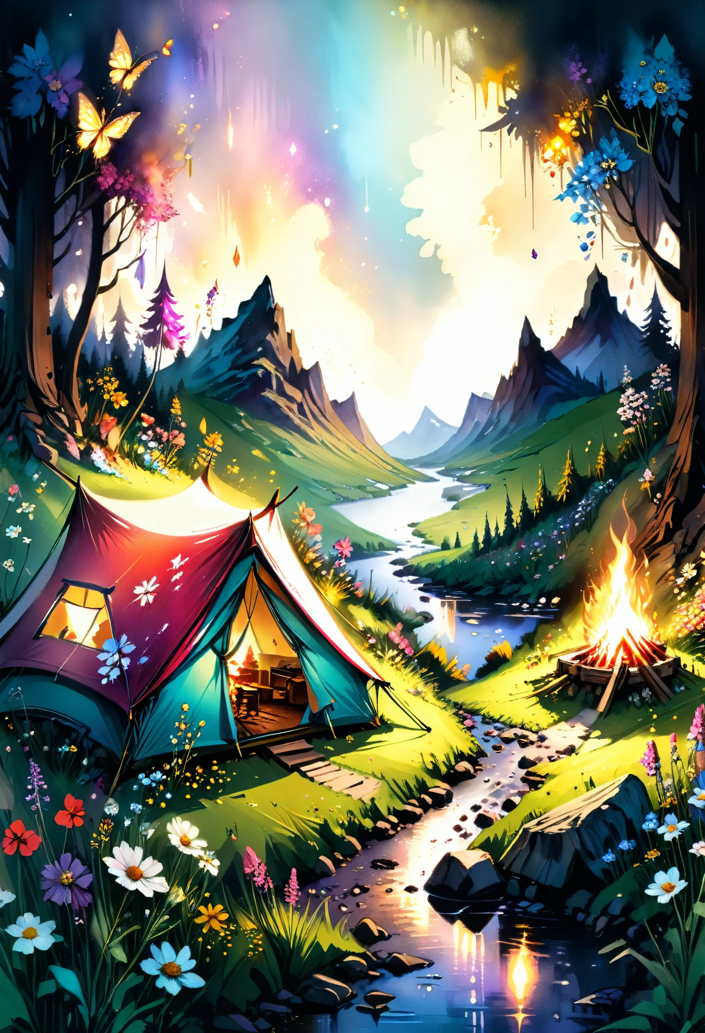 art by Carne Griffiths, Camping tent at The Perfect Camping Spot, bonfire, in night, Digital watercolor Illustration, beautiful flower meadow fantasy, mountain river wildflowers butterflies in the morning light, Stylized watercolor art, Intricate, Complex contrast, HDR, Sharp, soft Cinematic Volumetric lighting, flowery pastel colors, wide long shot, perfect masterpiece