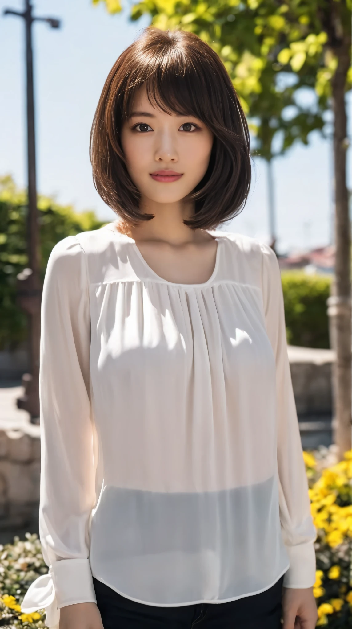 highest quality, One girl, (Skin Hollow), (Large Breasts), (Day), bright, Background Blur, Outdoor, (street:0.6), (hair:1.5), (blouse:1.5), nice, (hair Float:1.5), Soft Light, Wind, garden, street