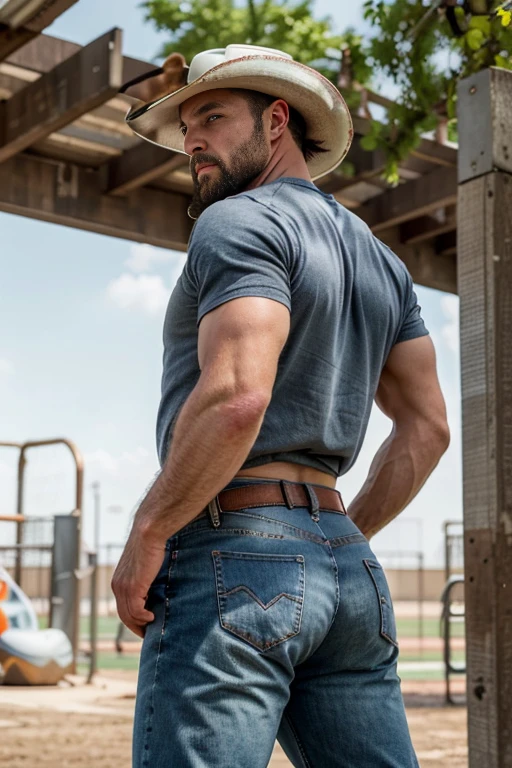 Mature man, best qualities, PE teacher, bandage on one hand, bad bad, masterpiece, super high resolution, detailed background, reality, , single, 1 boy, muscle man, beard, school, playground, muscles, facial hair, volumetric lighting, depth of field, wheezing, raised crotch, handsome action, big dynamic, black jeans ((full body)) (((big butt)))(((backside))) texas cowboy hat