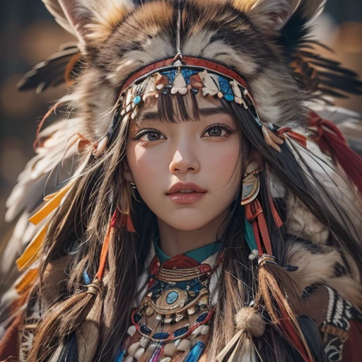At the Grand Canyon、Hair flow、 ((highest quality、masterpiece、8k、Best image quality、Ultra-high resolution、Award-winning works)、(Accurate anatomy:1.1)、(Look at me and smile:1.1)、Shining fair skin with Ultra-high resolution、The most detailed face、Ultra-high resolution detailed face、Ultra-high resolutionの髪の毛、(Ultra-high resolutionの煌めく瞳:1.1)、Beautiful face drawn in every detail、(Blurred Background:1.1)、Native American Costume, American Indian Clothing, Chest to chest, tattoo、A real giant condor next to you。The wolf is watching