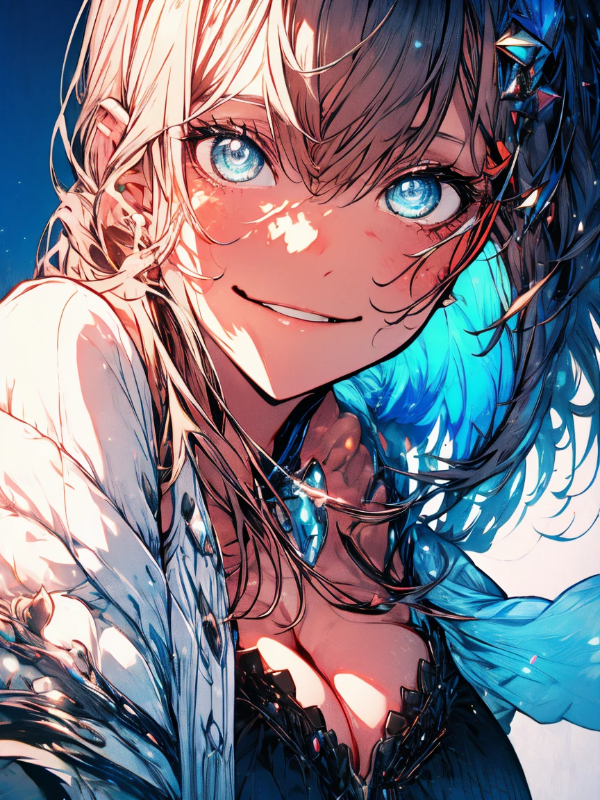 masterpiece、highest quality、Super fine、highest quality、High resolution、32K CG、Very delicate and beautiful、An illustration、High resolution、Sharp Focus、Forward lighting、shine、one person、girl、solo、Medium Hair、smile、extremely beautiful detailed anime face、 Highly detailed game CG character eyes、Light blue bikini、Swimwear、Cleavage、slender、stomach、belly button、