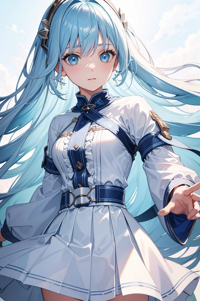 1 girl with long light blue hair, white skirt, close-up of face
