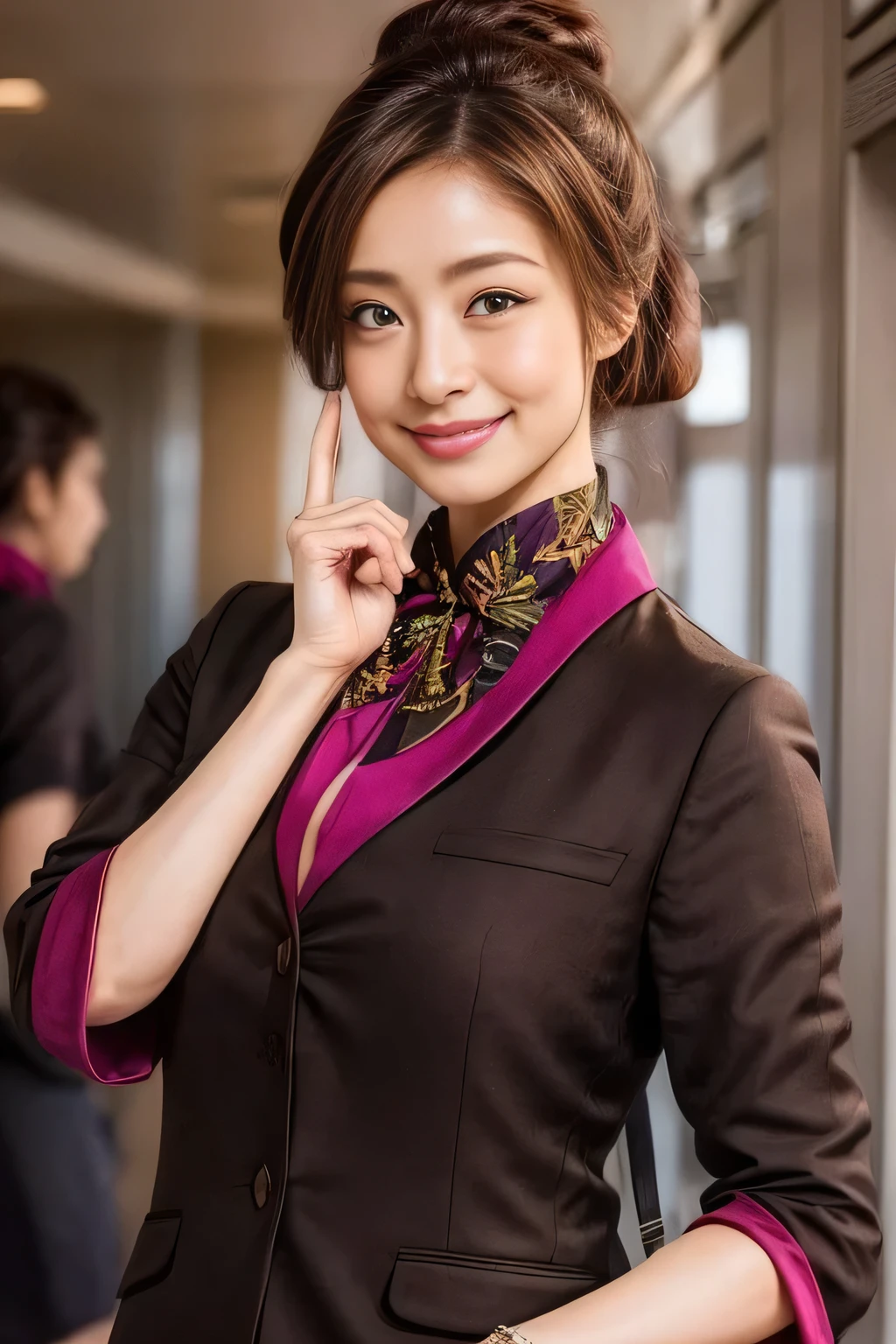 (masterpiece:1.2、highest quality:1.2)、32K HDR、High resolution、(alone、1 girl、Slim figure)、（A realistic reproduction of the ETIHAD Airways Cabincrew Uniform）、 (On board, Professional Lighting)、Background on board、A proper woman, Beautiful Face,、（Long sleeve ETIHAD Airways Cabincrew Uniform）、（ETIHAD Airways Cabincrew Uniform skirt with purple stripe on the front）、（scarf on chest）、Big Breasts、（Long Hair Up、Hair Bun）、Dark brown hair、Long Shot、（（Great hands：2.0））、（（Harmonious body proportions：1.5））、（（Normal limbs：2.0））、（（Normal finger：2.0））、（（Delicate eyes：2.0））、（（Normal eyes：2.0））)、Beautiful standing posture、smile、Place your hands around your stomach