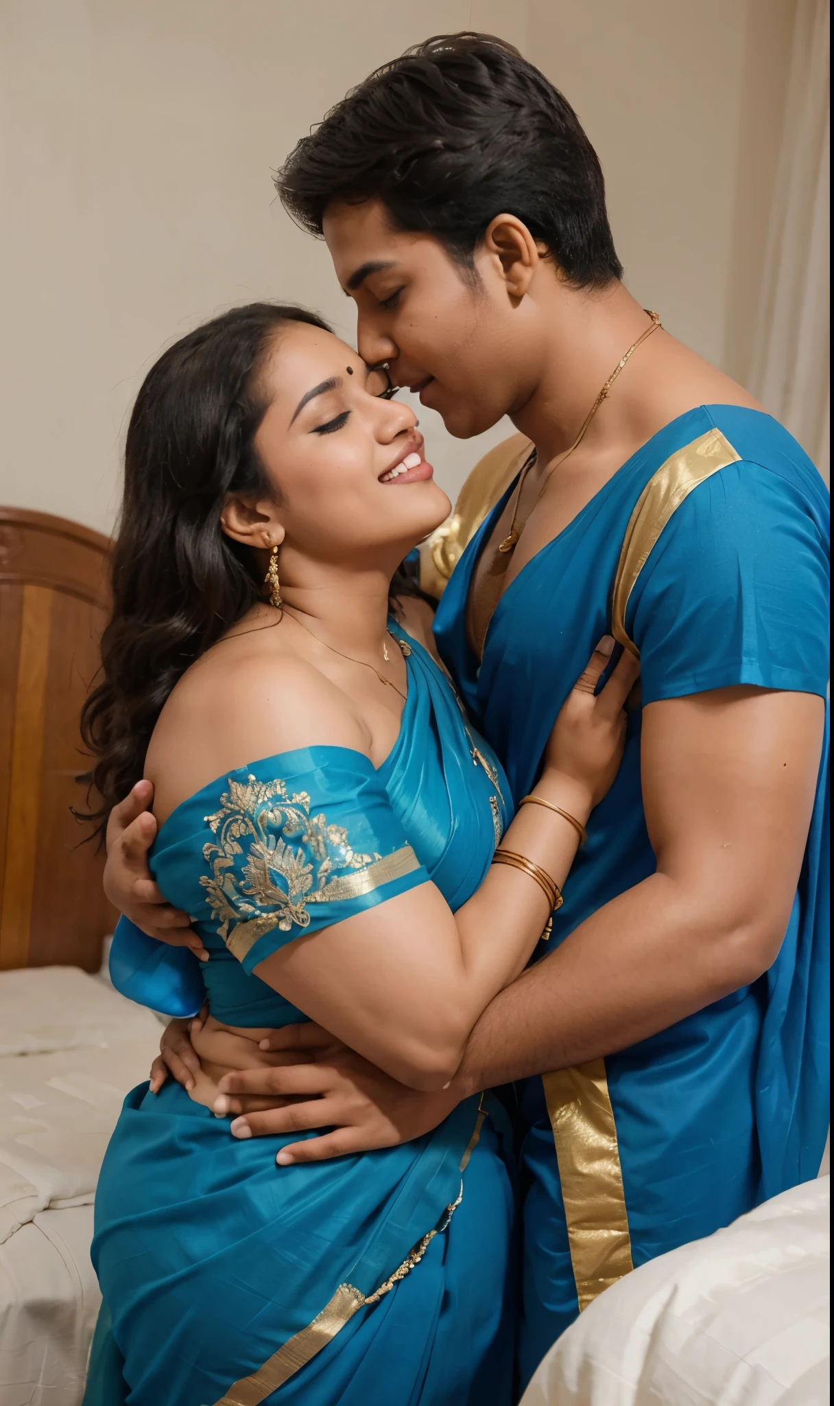 A radiant, full-figured South Indian  25 year old girl wearing a blue saree tenderly hugging and kissing a  jubilant 25-year-old man in a bed, captured in a full-body image with vibrant hues and meticulous details. Full body image 