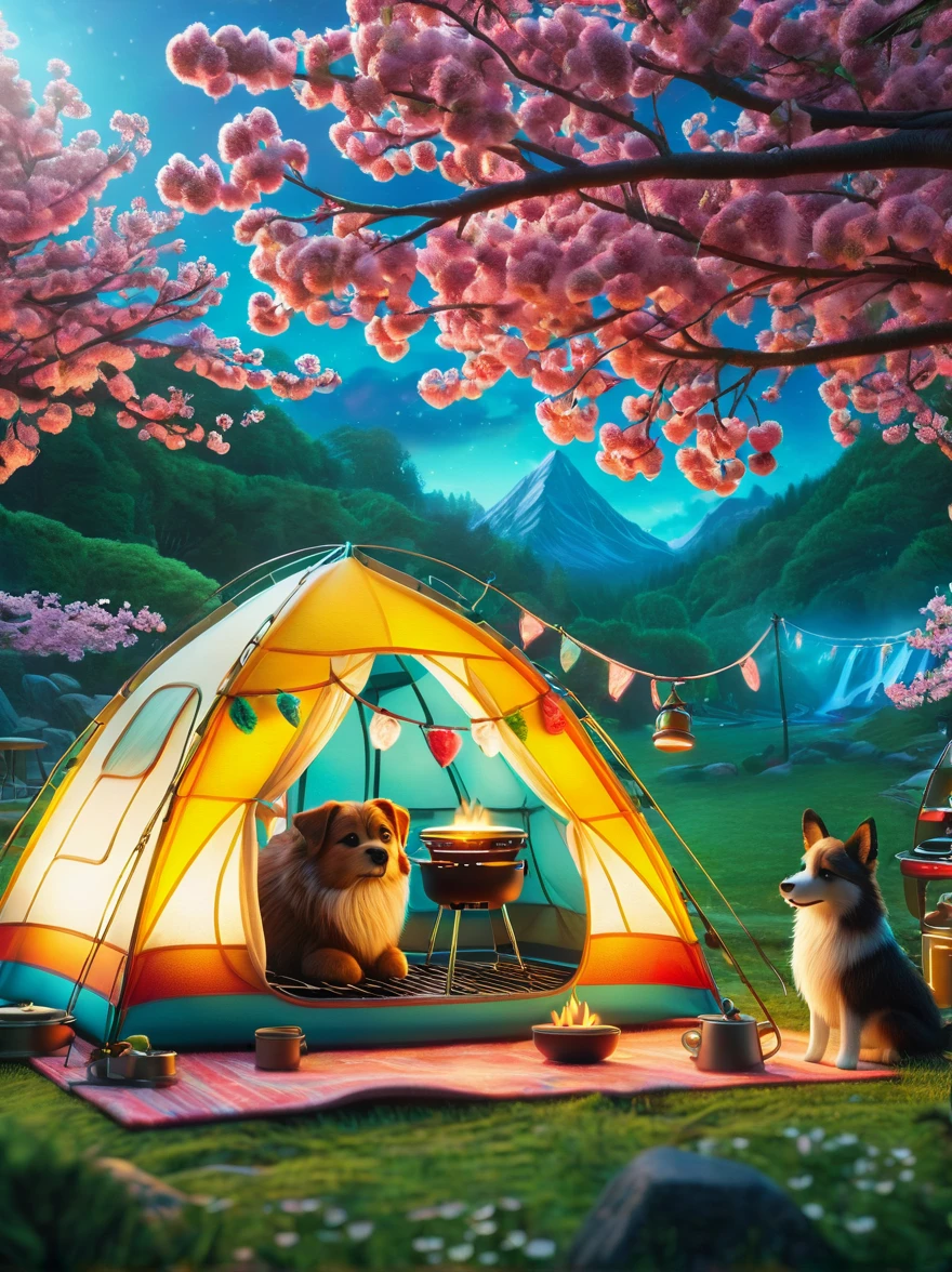 Create miniature images in a lovely wool felt world，(Spring camping site:1.3)，family，dog，Cherry blossoms，tent，BBQ grill and summer landscape，The scene is rendered with lights，Using technology and style reminiscent of Pixar animations，Using Octane Render and Maxon Cinema 4D to generate highly detailed 3D，8k，Use warm light to emphasize mood lighting，And freeze the shot as a long shot or super long shot，To capture a wide range of details and atmosphere