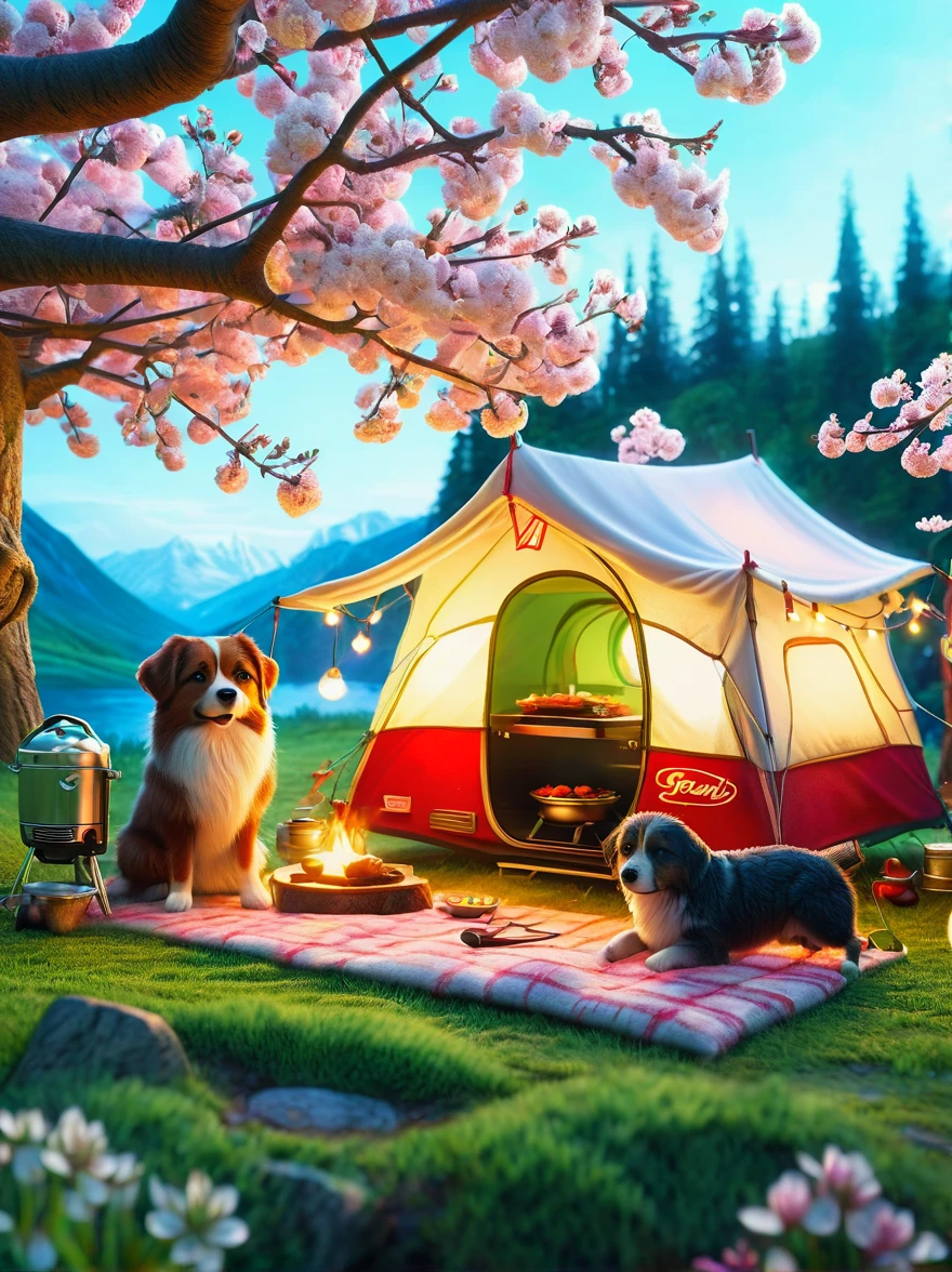 Create miniature images in a lovely wool felt world，(Spring camping site:1.3)，family，dog，Cherry blossoms，tent，BBQ grill and summer landscape，The scene is rendered with lights，Using technology and style reminiscent of Pixar animations，Using Octane Render and Maxon Cinema 4D to generate highly detailed 3D，8k，Use warm light to emphasize mood lighting，And freeze the shot as a long shot or super long shot，To capture a wide range of details and atmosphere