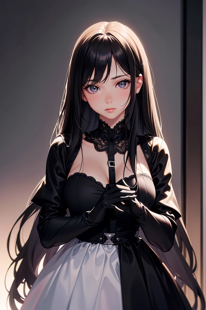 masutepiece, Best Quality, Raw photo, very detailed beautiful face and eyes,Portrait, breast closeup,1 girl, kawaii, Cute, (hands on own breasts:1.3), (Overlapping Hands:1.3), (The expression of disgust on the face), Black hair, tiny chest,((Black Frill Tie)), ((black frilly dress)), ((Black Frill Detached Sleeves)), ((white frilled apron)), ((black ruffle skirt)), ((Black Frill Knee High Socks)), ((Showing nails)), ((Clean teeth)), (detailed beautiful fingers)