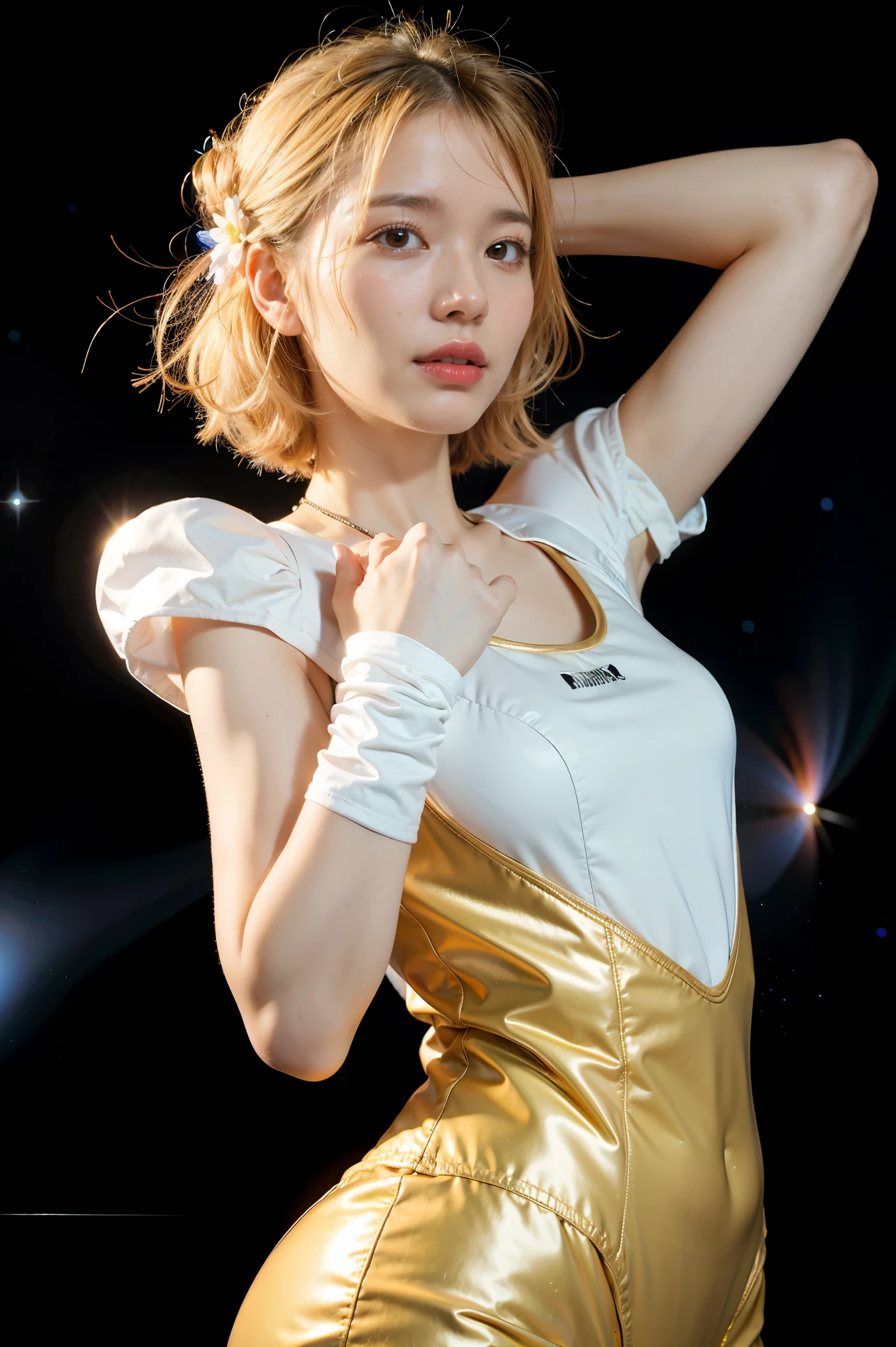 (best quality, masterpiece), 1girl, pose, particle, wind, flower, upper body, simple background, looking at viewer, blonde, galaxy, space suit,