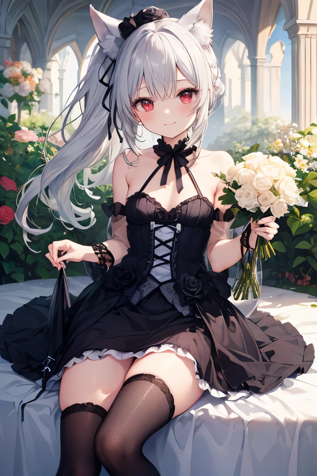 Silver Hair、Red Eye、Fox ears、girl、Small breasts、ponytail、girl、Small breasts、Lolita、Bright smile、Looks about 15 years old、Petan Musume、Short、目のhighlight、Sexy thighs、Flower Garden、color々The flowers are still blooming、bouquet、Rose Gothic Lolita Dress Costume、Your eyes are so beautiful、highlight