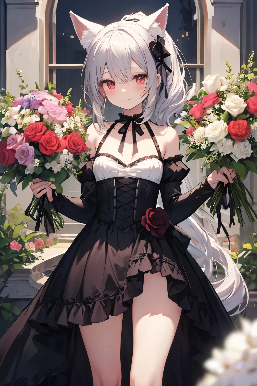 Silver Hair、Red Eye、Fox ears、girl、Small breasts、ponytail、girl、Small breasts、Lolita、Bright smile、Looks about 15 years old、Petan Musume、Short、目のhighlight、Sexy thighs、Flower Garden、color々The flowers are still blooming、bouquet、Rose Gothic Lolita Dress Costume、Your eyes are so beautiful、highlight