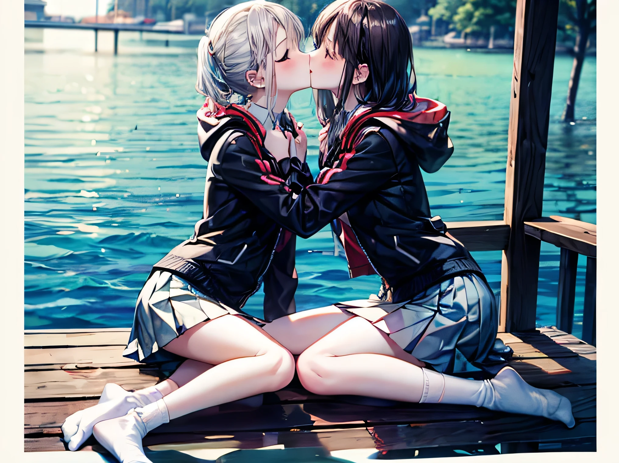 lakeside,Two girls,Embrace,kiss,Pure and beautiful,,Jacket,Pleated Skirt,White socks,Thin legs,Very thin,whole body