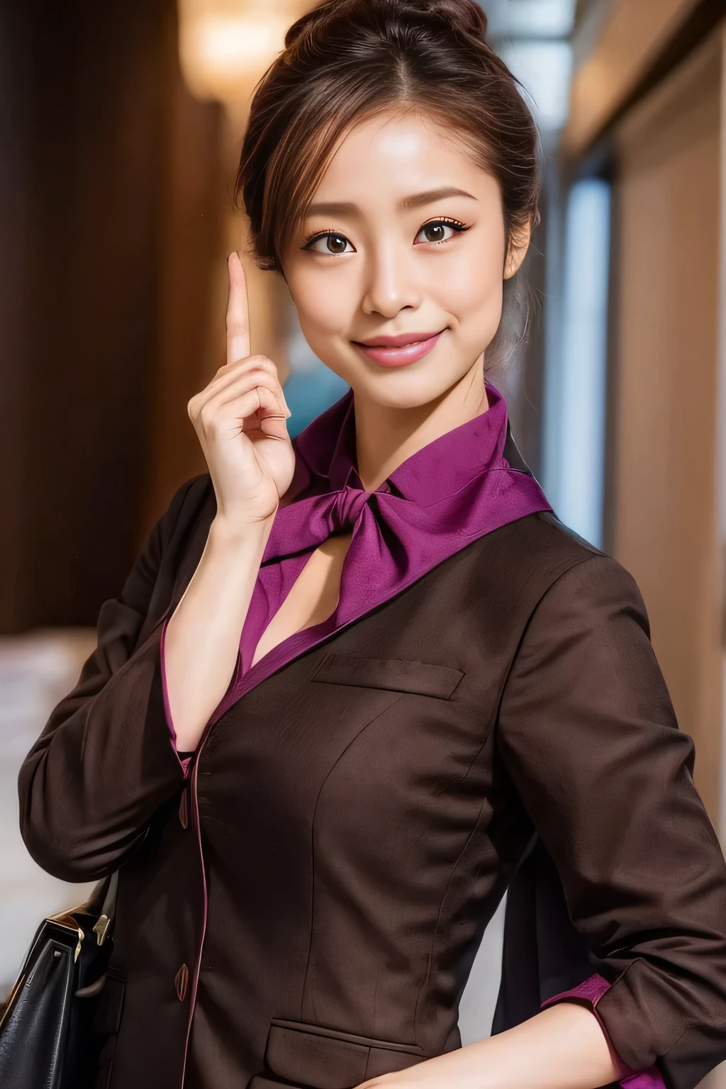 (masterpiece:1.2、highest quality:1.2)、32K HDR、High resolution、(alone、1 girl、Slim figure)、（A realistic reproduction of the ETIHAD Airways Cabincrew Uniform）、 (On board, Professional Lighting)、Background on board、A proper woman, Beautiful Face,、（Long sleeve ETIHAD Airways Cabincrew Uniform）、（ETIHAD Airways Cabincrew Uniform skirt with purple stripe on the front）、（scarf on chest）、Big Breasts、（Long Hair Up、Hair Bun）、Dark brown hair、Long Shot、（（Great hands：2.0））、（（Harmonious body proportions：1.5））、（（Normal limbs：2.0））、（（Normal finger：2.0））、（（Delicate eyes：2.0））、（（Normal eyes：2.0））)、Beautiful standing posture、smile、Place your hands around your stomach