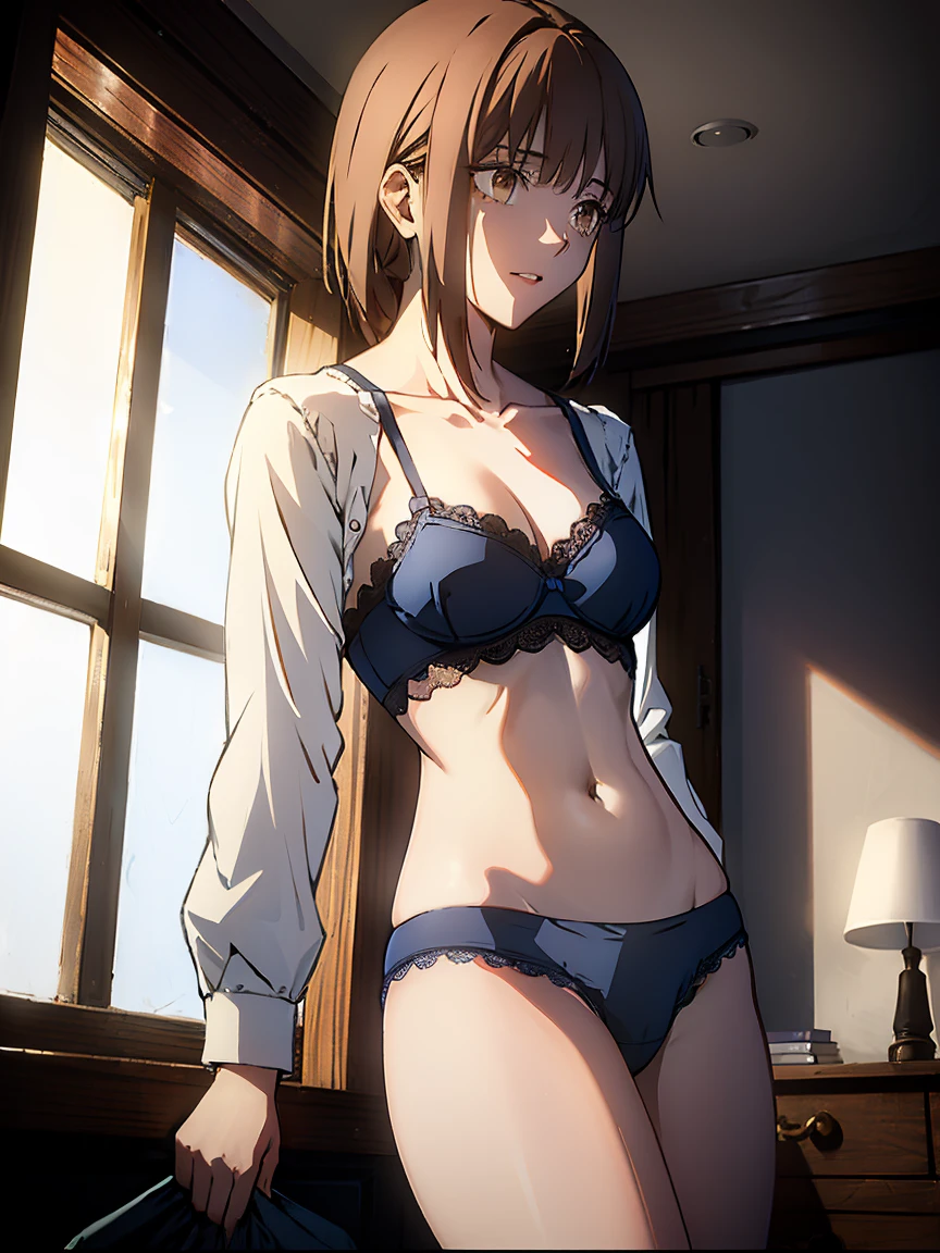 Masterpiece, highest quality, ultra high resolution, 8k, wallpaper, perfect anatomy, perfect body, changing clothes, bedroom, evening, cute face, drooping eyes, short brown hair, messy hair, sleepy, sunset through the window, , exposed clothes, ager, collarbone, navel, standing, eyes open, holding clothes, girly panties, normal breasts, open shirt, cowboy shot, portrait, light blue bra, (light blue Panties: 1.3), Mioha, Jojipan, cotton panties, picot lace