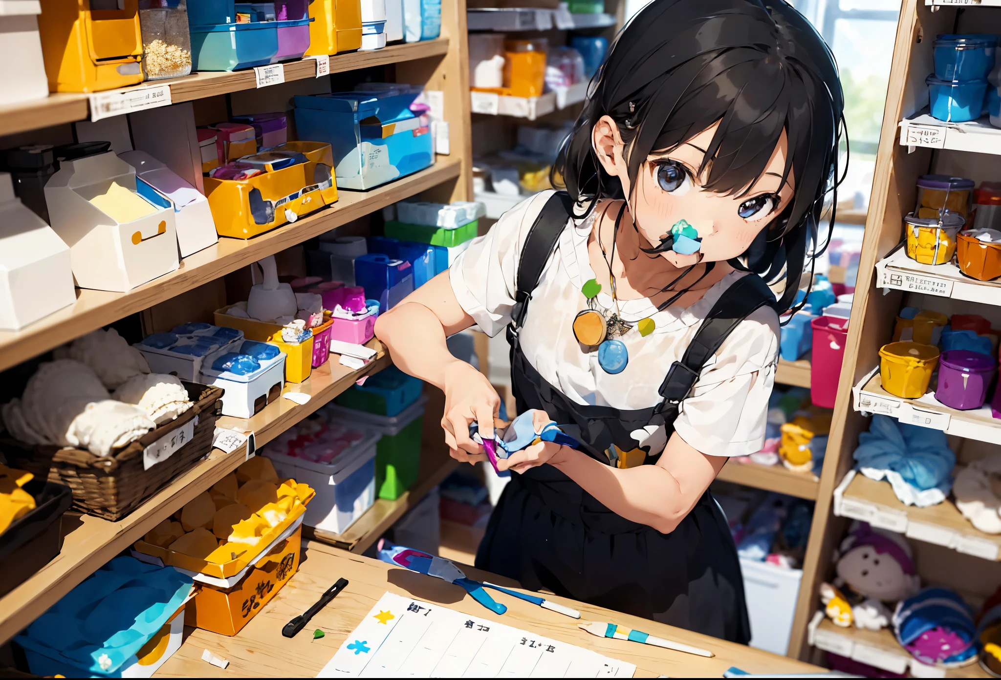 A girl is making a cream glue phone case using a cream glue tool，Behind is her shelf，Finished mobile phone cases are stacked on the shelves，Pendant peripherals，Things made with butter glue are three-dimensional, cute and colorful handicrafts.，The girl&#39;s workbench is filled with tools for crafting，There are also various colors of cream glue，The shape of the cream hose is similar to the cream cone barrel we use when DIYing cakes.，There should be a lot of tools for crafting on the girl&#39;s workbench.，In the middle should be placed a phone case being made，The girl is holding the phone case in one hand and holding the rubber tube in the other hand and squeezing the rubber tube to let the cream glue flow out.，The cream glue is squeezed onto the phone case to create a thickness like cake cream.，Girl is styling，It&#39;s not an unclear thing.，It is a lacey, shaped, three-dimensional mobile phone case with a small doll in the center.，There are sequins around it