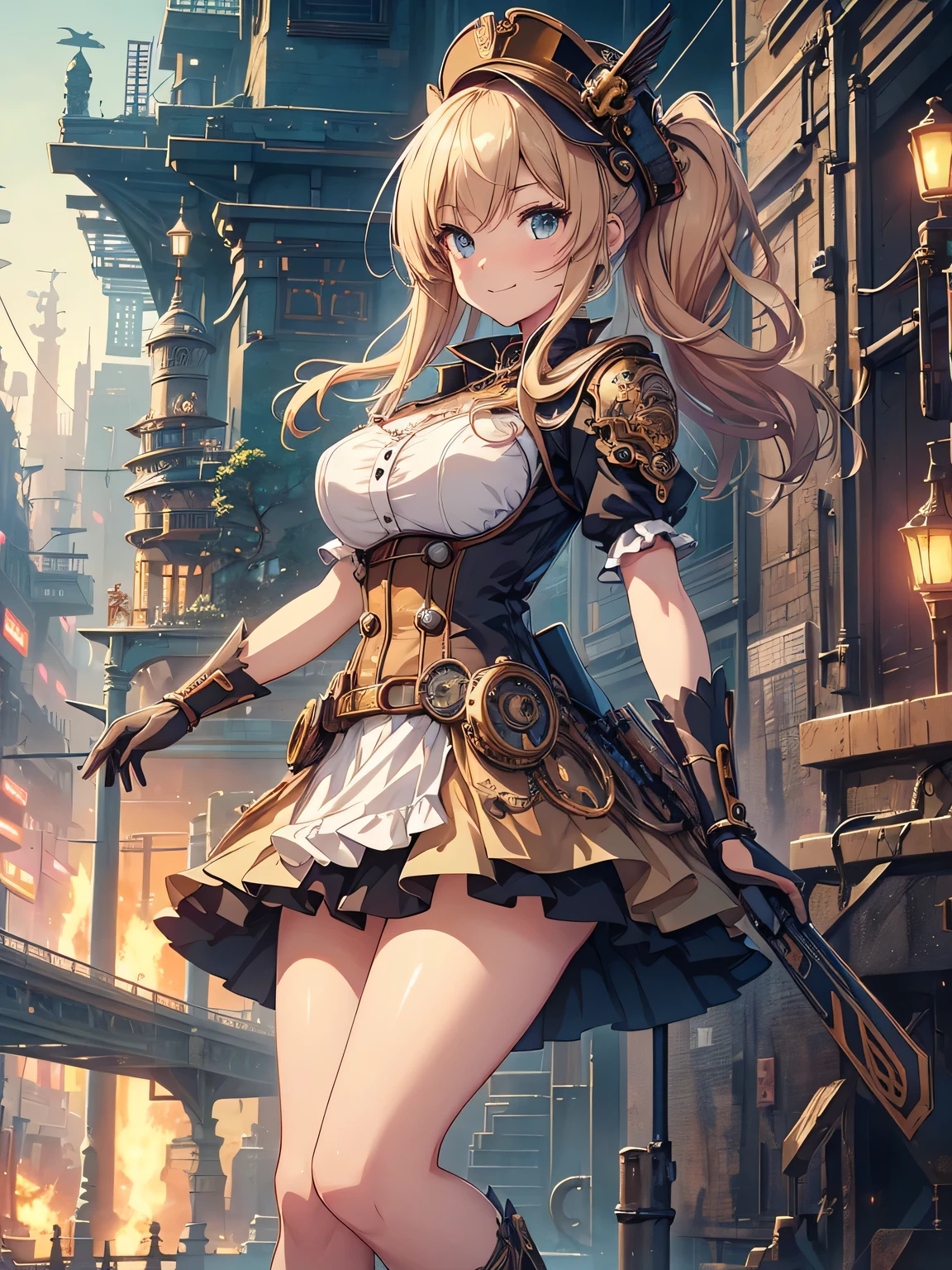 (Line art_anime),(full body,Low Angle, highest quality, ),(Laura Budd Photos:1.2),(Laura Add details:1.0),8k, Flat Color:0.8,1 girl,smile,(Highly decorative and complex mechanical steampunk fashion, Lace flare dolphin hat、goggleachinery background、Gear background、An elaborately mechanized steampunk cityscape 1.5),Cute pose,