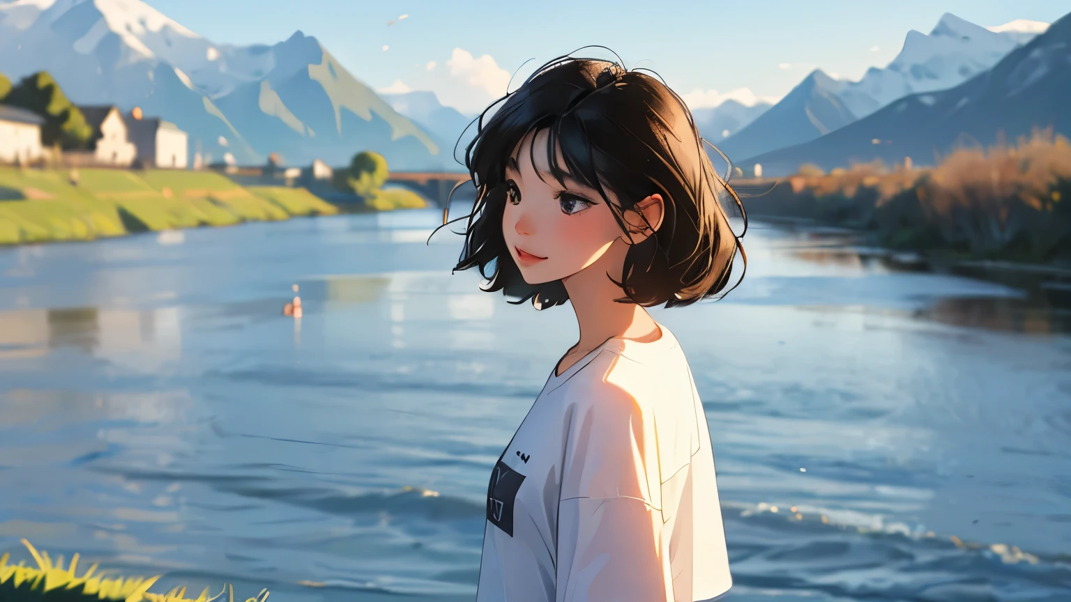 (masterpiece)),(((bestquality))),((ultra-detailed)) realisticlying, 1 girl, Beautiful, black hair, not windy, morning, outdoor, village, river, wearing a t-shirt, montain. (Blur background 10%)