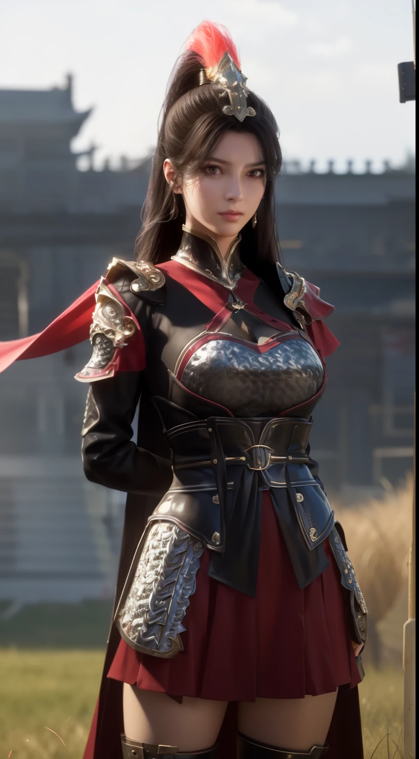 standing in front of a group of people in armor standing in a field with flags in the background,a line of Red flags and a building,
Red outfit,Shoulder_armor,armor,armoRed dress, armoRed boots,Red_cape,High_collar,She has a helmet on her head,
Keep_arms,spear,actual, tHighHighs,,
Bangs,Black_hair,Brown_Eye,long_hair,turtleneck sweater,
1 girl, 20 years,adult,beautiful Finger,beautiful long legs,beautiful body,beautiful Nose,beautiful character design, perfect Eye, perfect Face,
looking at the audience, 
NSFW,official art,Extremely detailed CG unified 8k wallpaper, perfect lighting,rich and colorful, bright_front_Face_light,
(masterpiece:1.0),(the best_quality:1.0), ultra High res,4k,Super detailed,
photography, 8k, high dynamic range, Highres, Ridiculous:1.2, Kodak Portrait 400, film grain, blurred background, Bokeh:1.2, lens flare, (Energetic_color:1.2)
(beautiful,big deal_breast:1.4), (beautiful_Face:1.5),(narrow_waist),